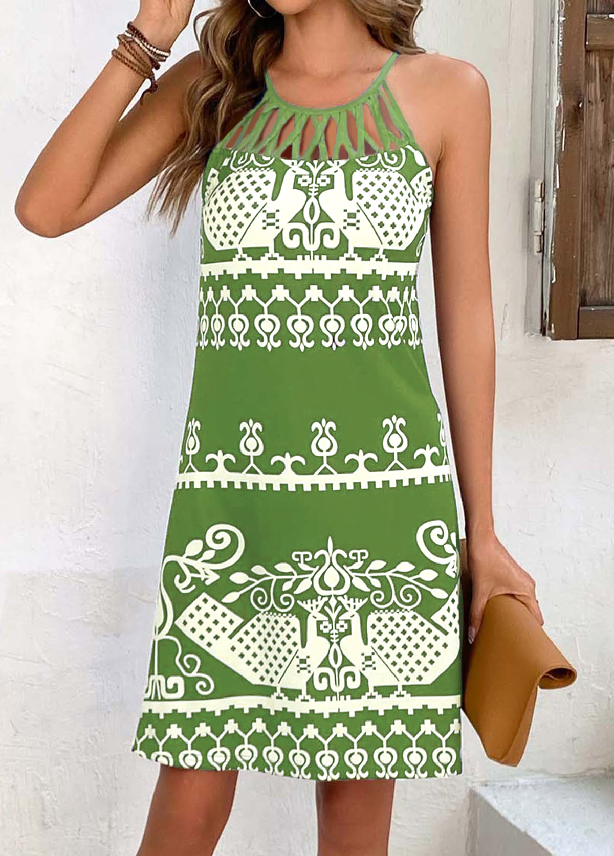 Tribal Print Cage Neck Avocado Green Dress