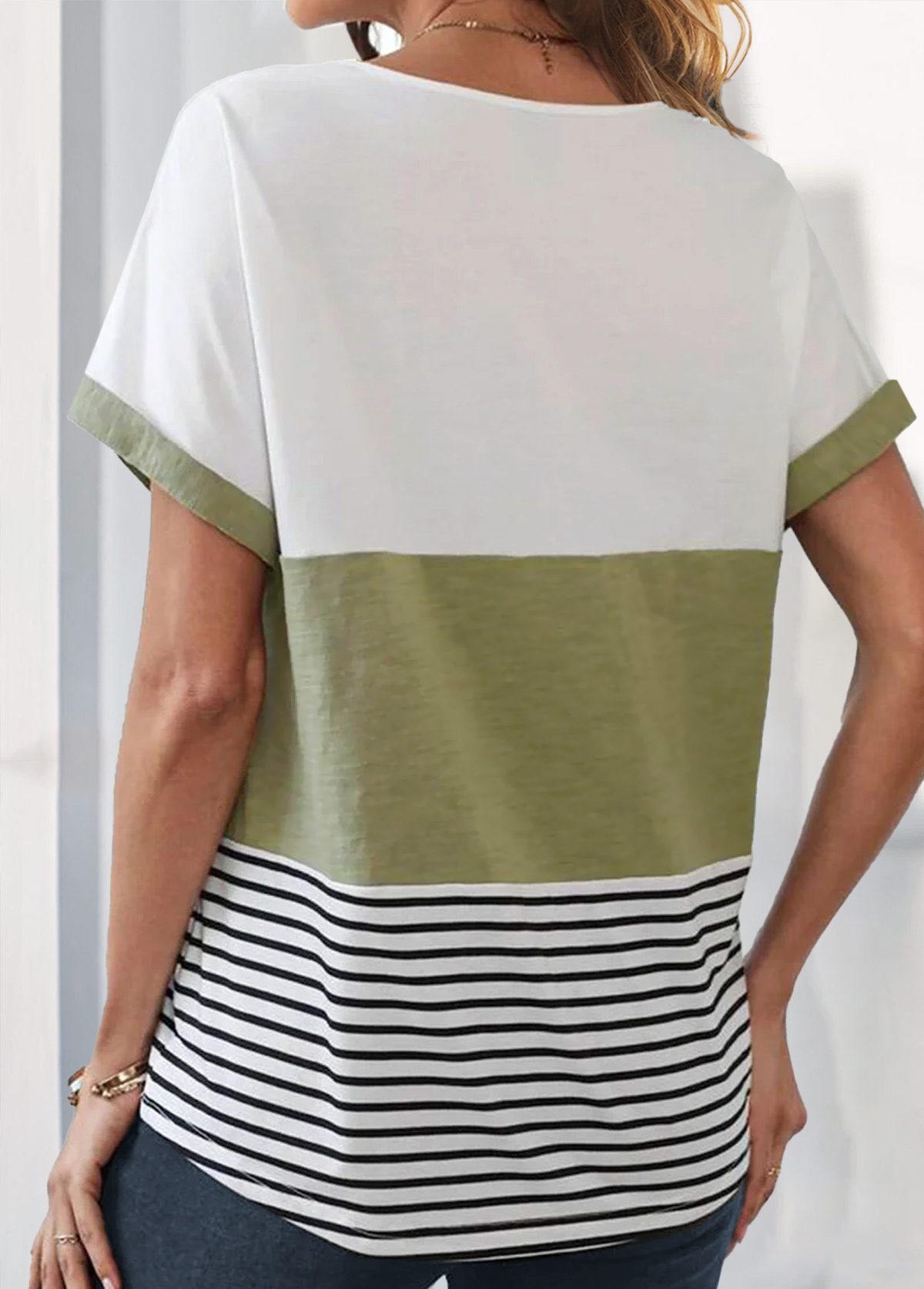 Striped Pocket Sage Green V Neck T Shirt