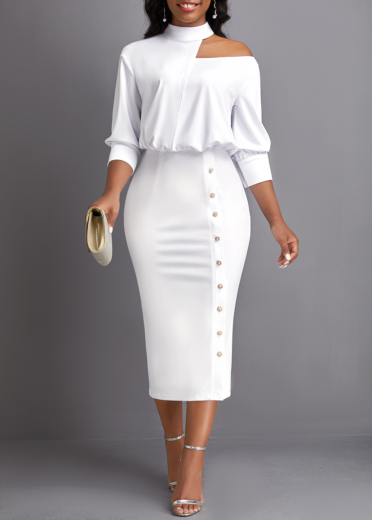 Asymmetry Stand Collar White Bodycon Dress