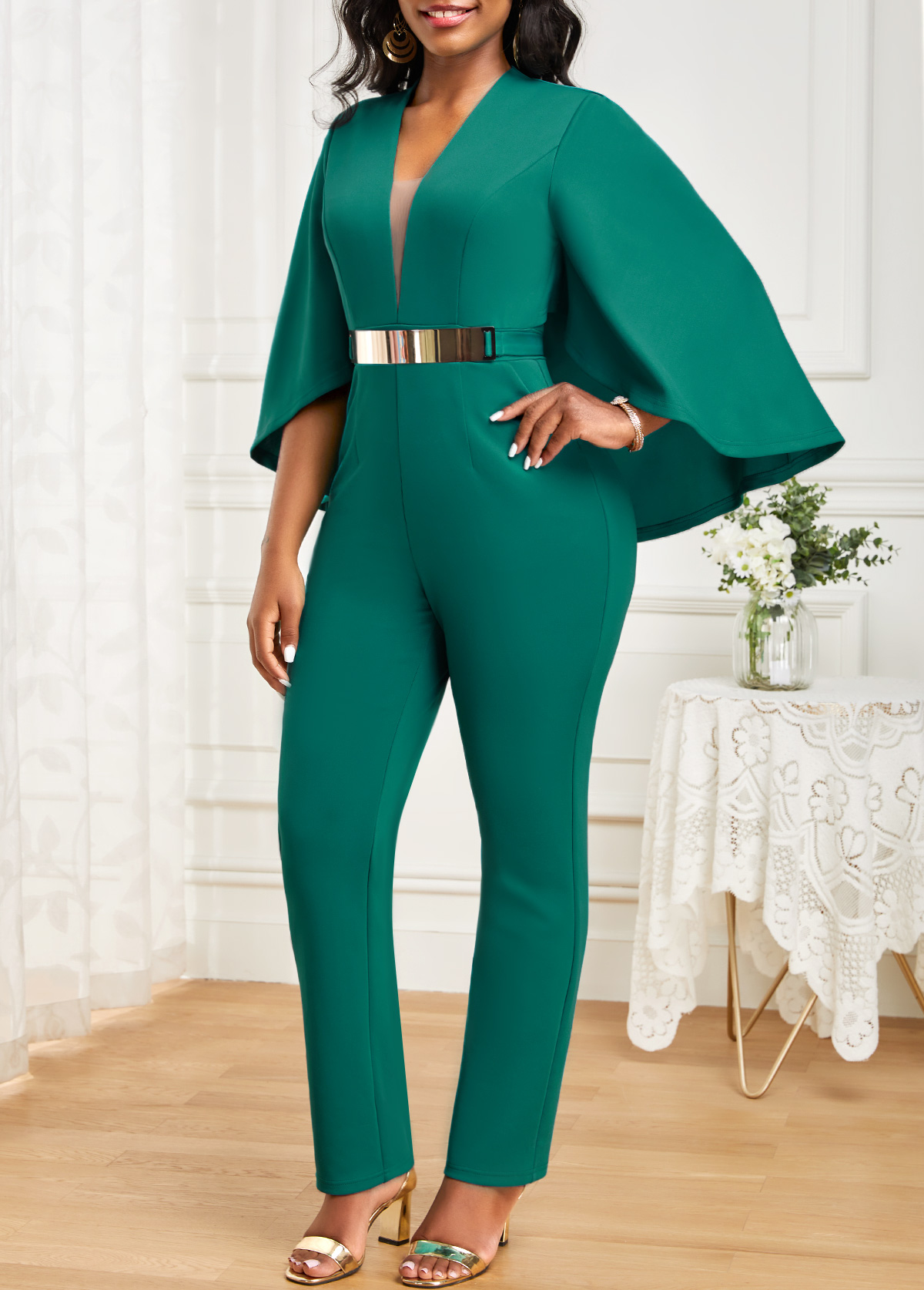 Pocket Green Ankle Length V Neck Jumpsuit | Rosewe.com - USD $38.98