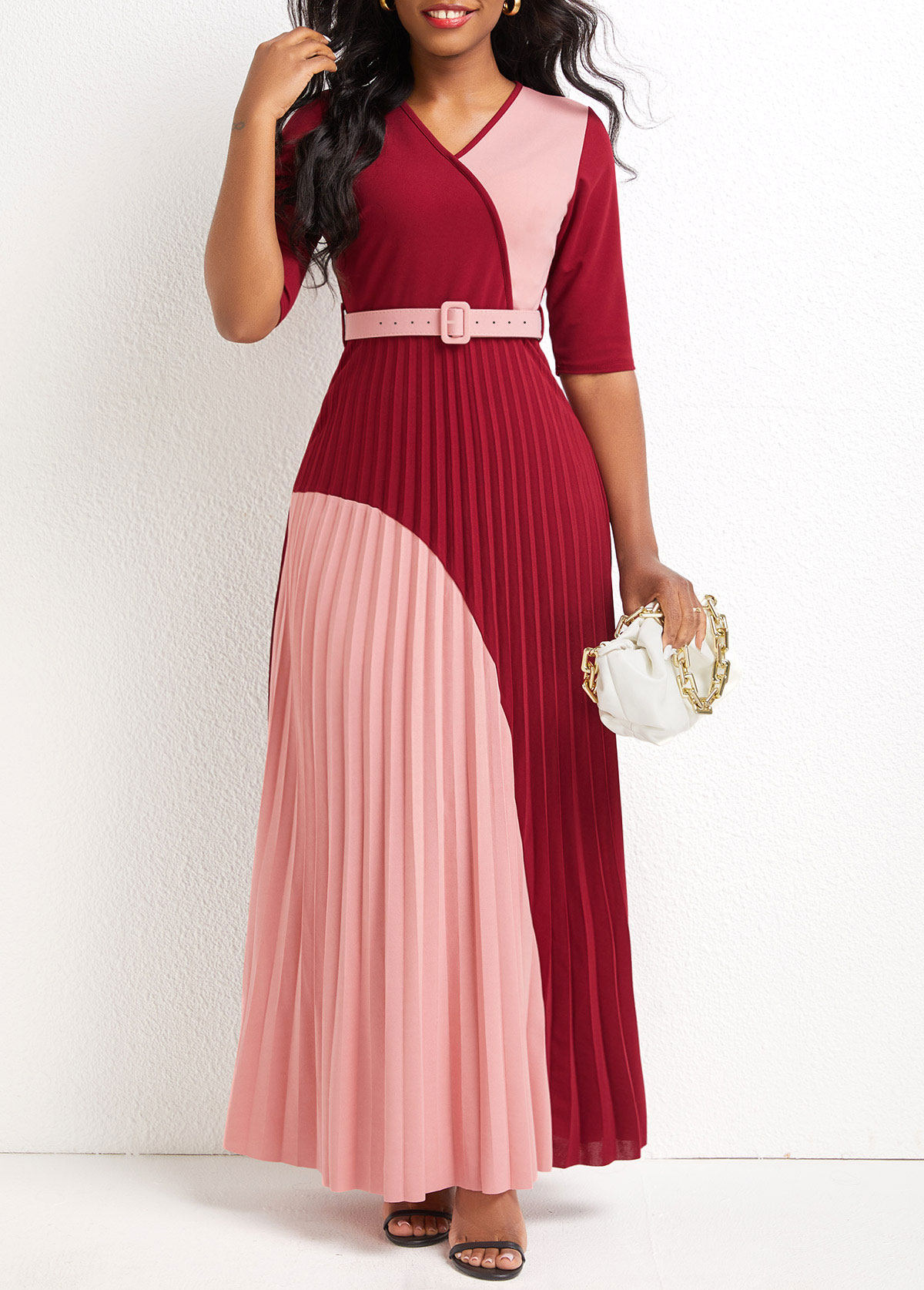 Pleated Belted V Neck Deep Red Maxi Dress