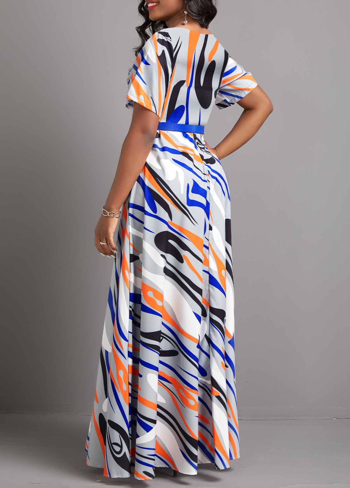 Geometric Print Zipper Multi Color Maxi Dress