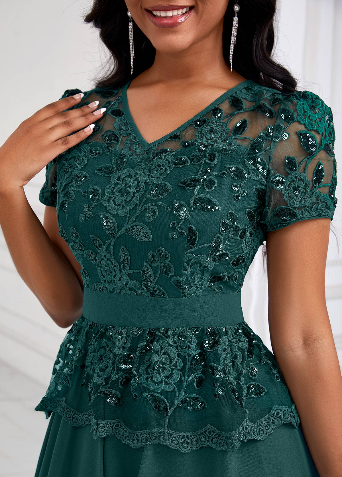 Lace Patchwork Blackish Green V Neck Dress