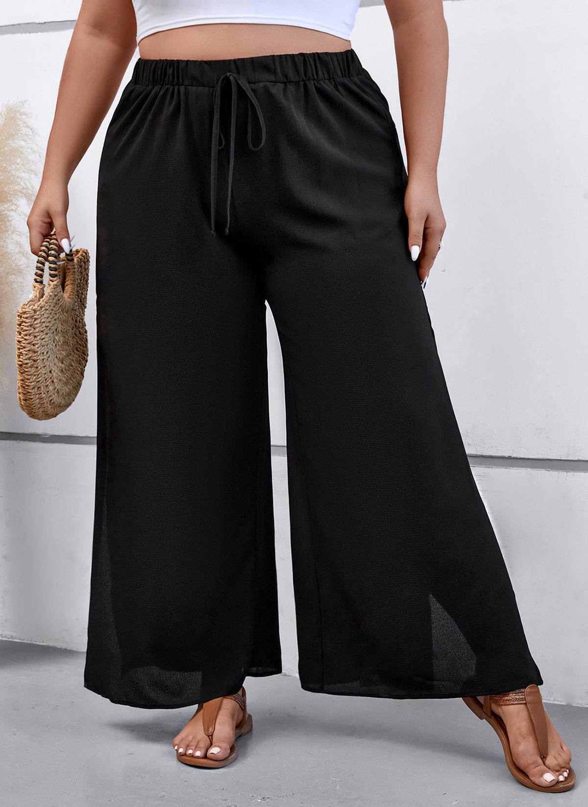 Black Plus Size Drawstring Elastic Waist Pants