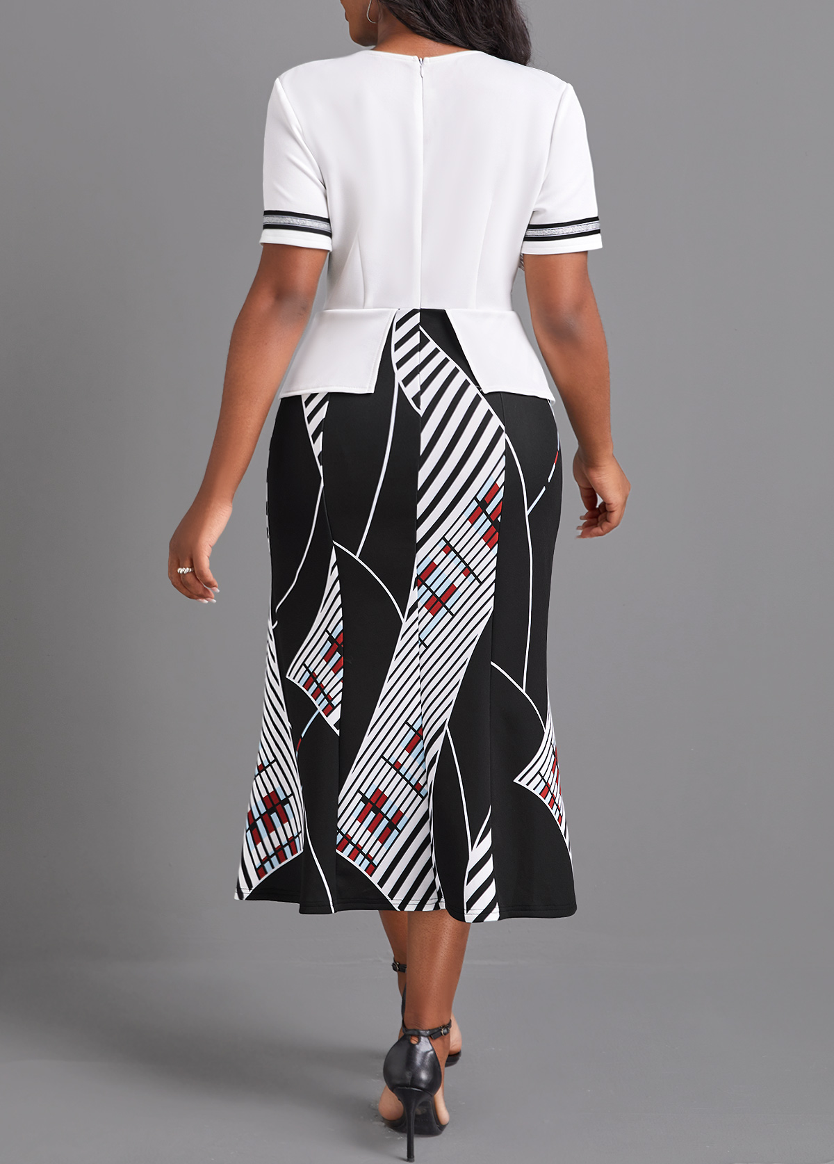 Geometric Print Contrast Binding White Bodycon Dress