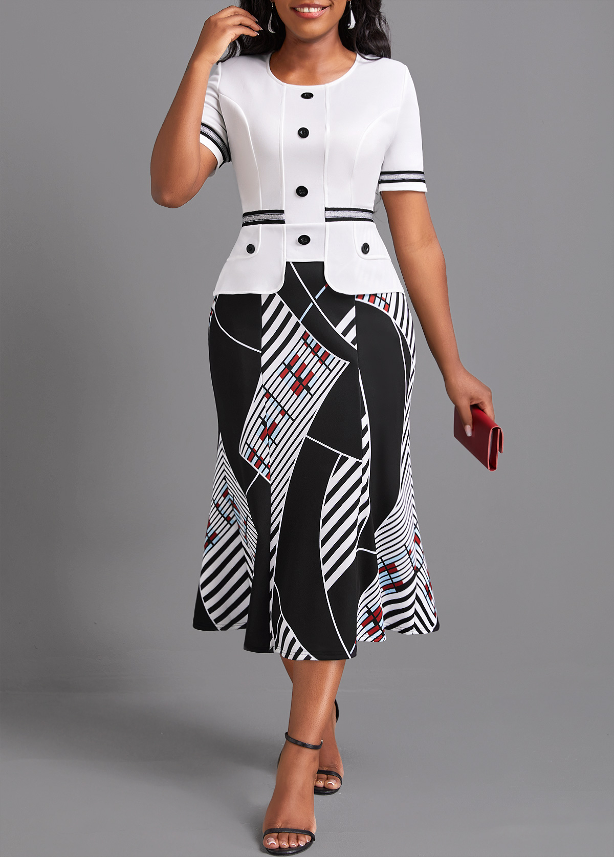 Geometric Print Contrast Binding White Bodycon Dress