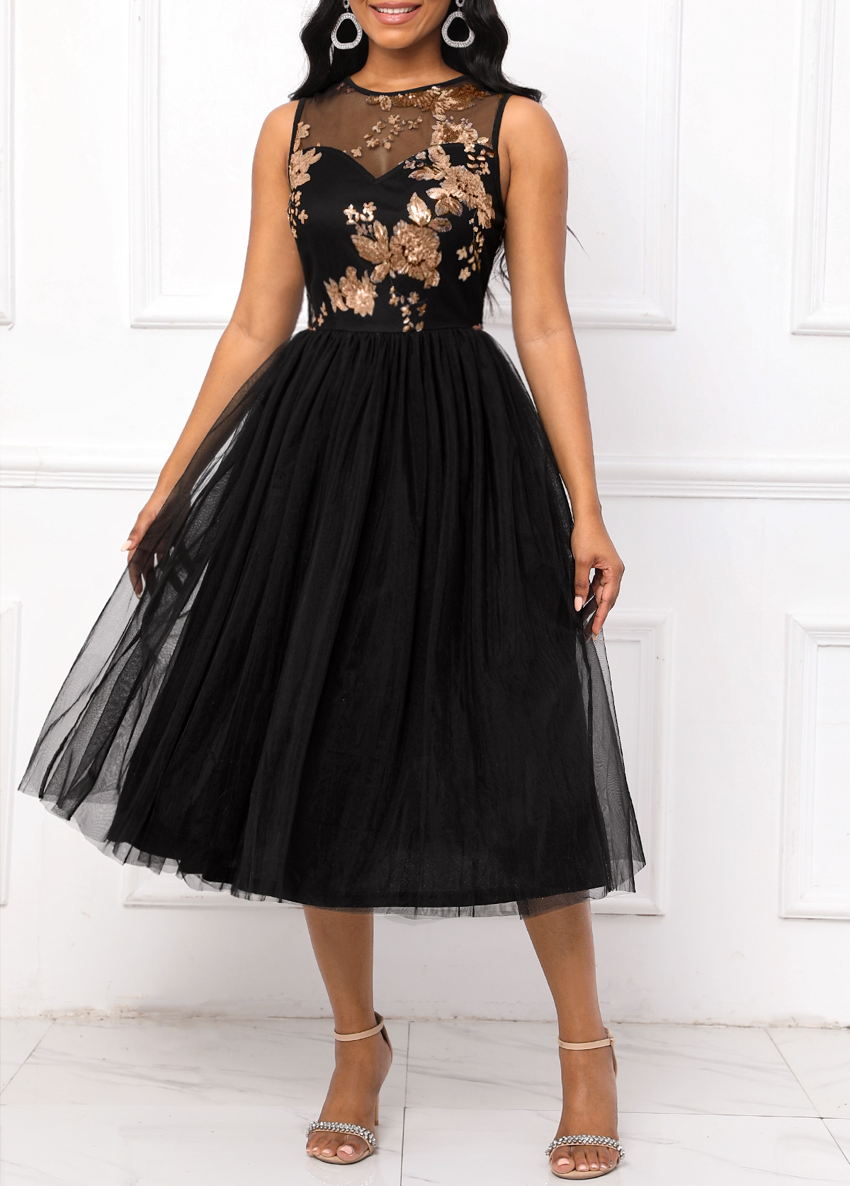 Sequin Round Neck Sleeveless Black Dress