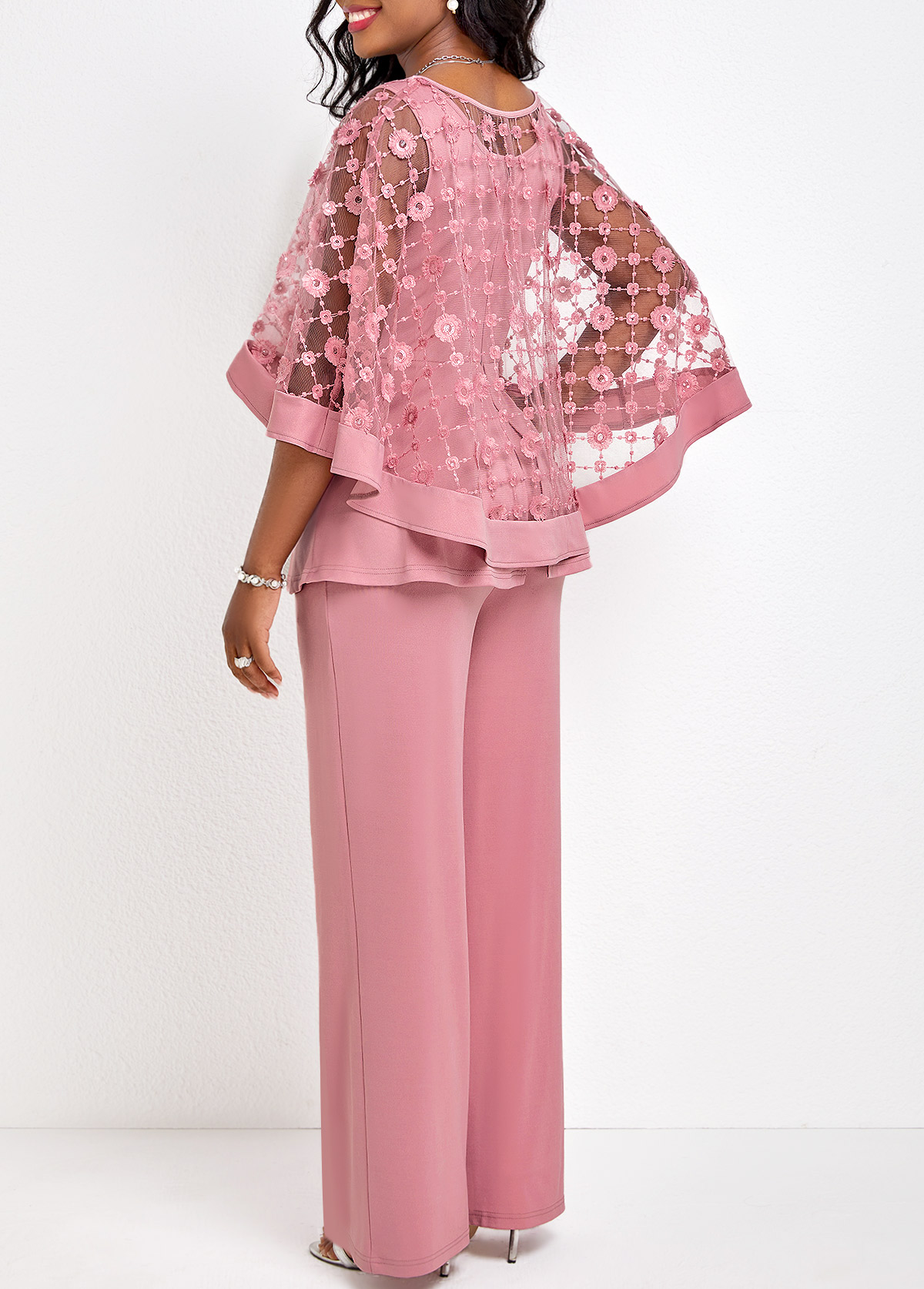 Boat Neck Breathable Pink Long Jumpsuit and Cardigan USD