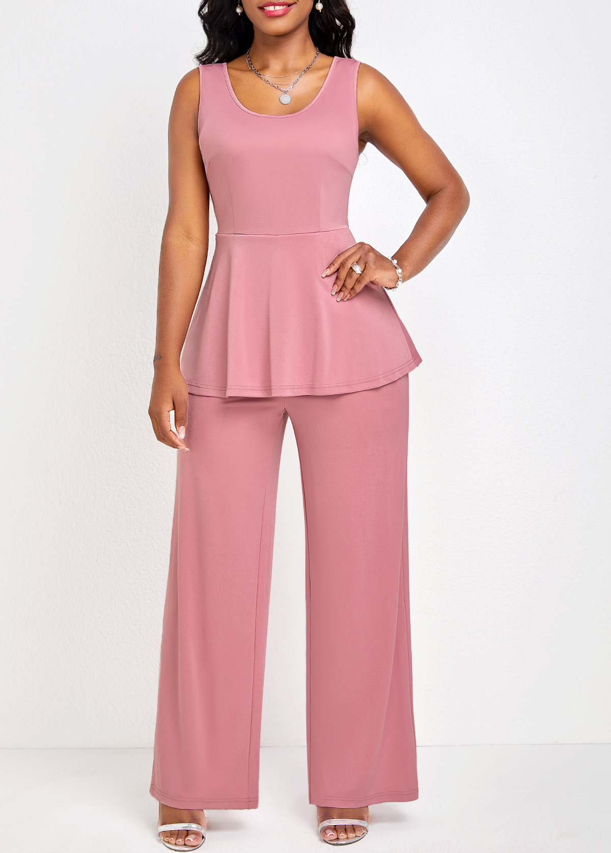 Boat Neck Breathable Pink Long Jumpsuit and Cardigan
