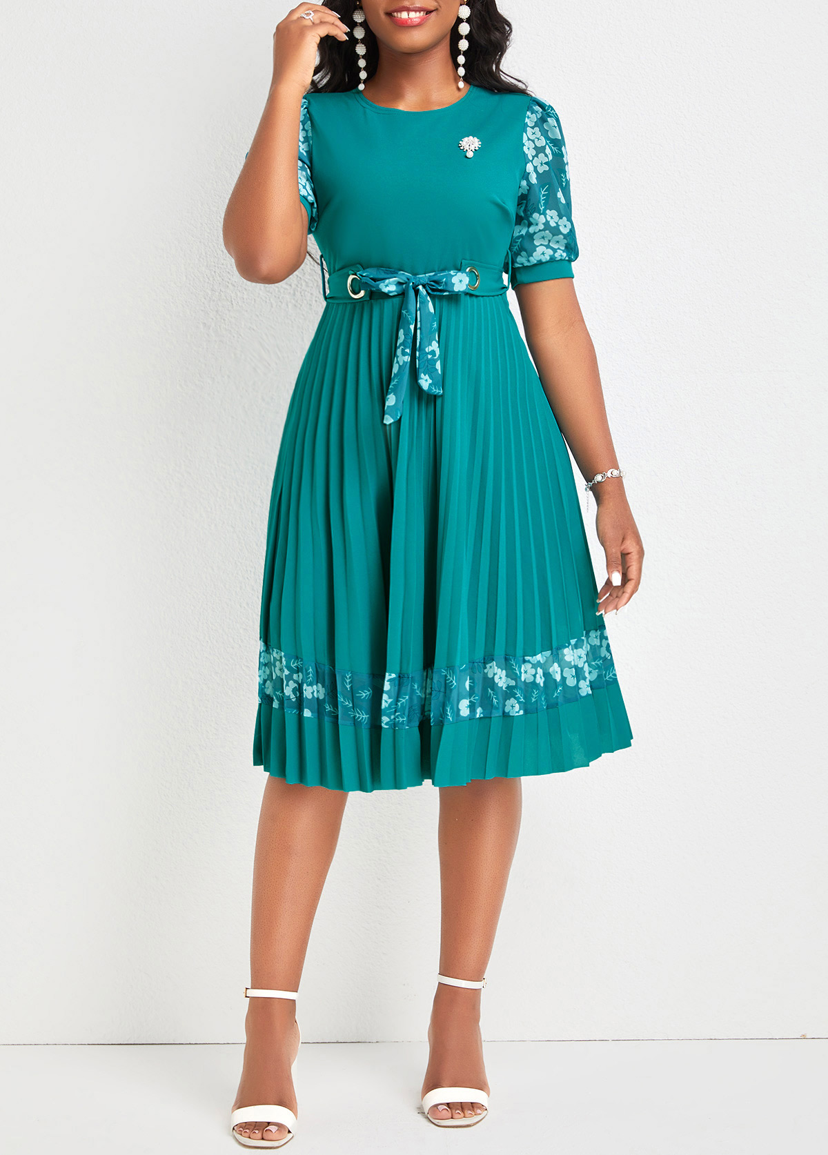 Floral Print Pleated Belted Turquoise Round Neck Dress | Rosewe.com ...
