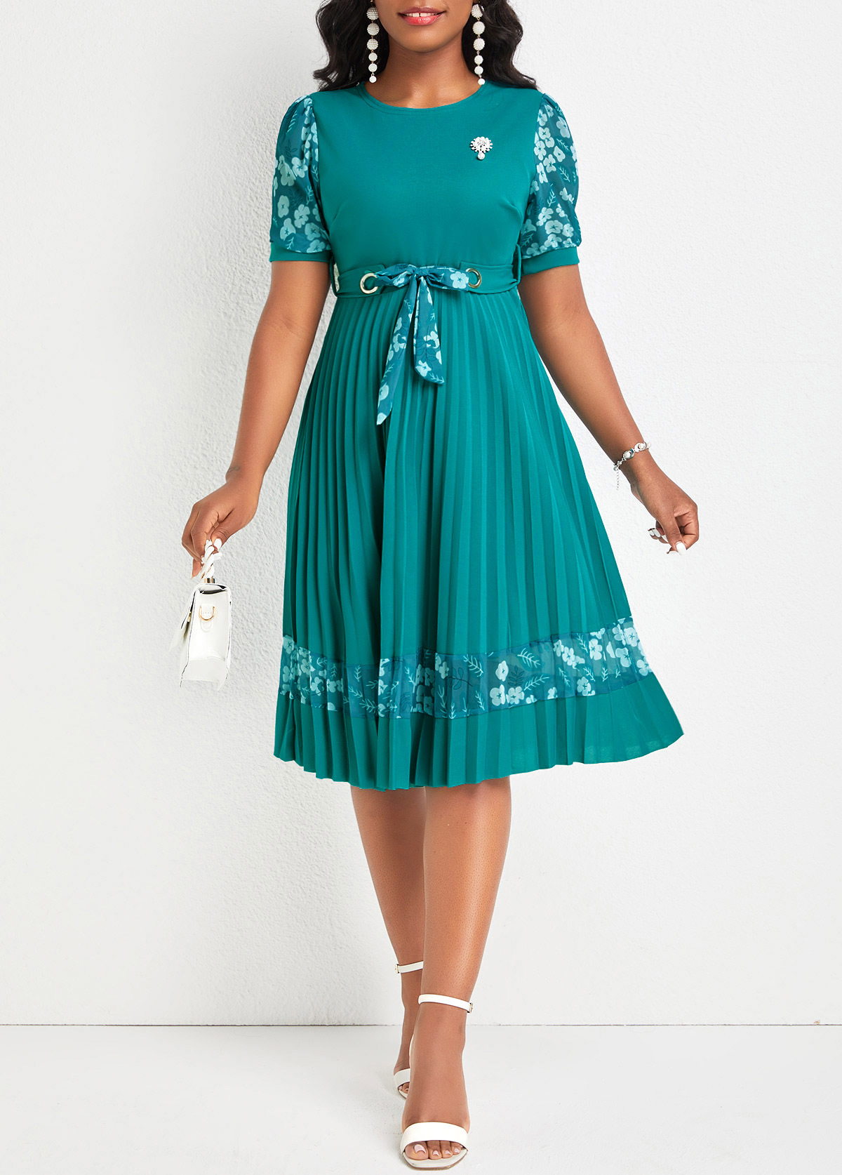 Floral Print Pleated Belted Turquoise Round Neck Dress | Rosewe.com ...