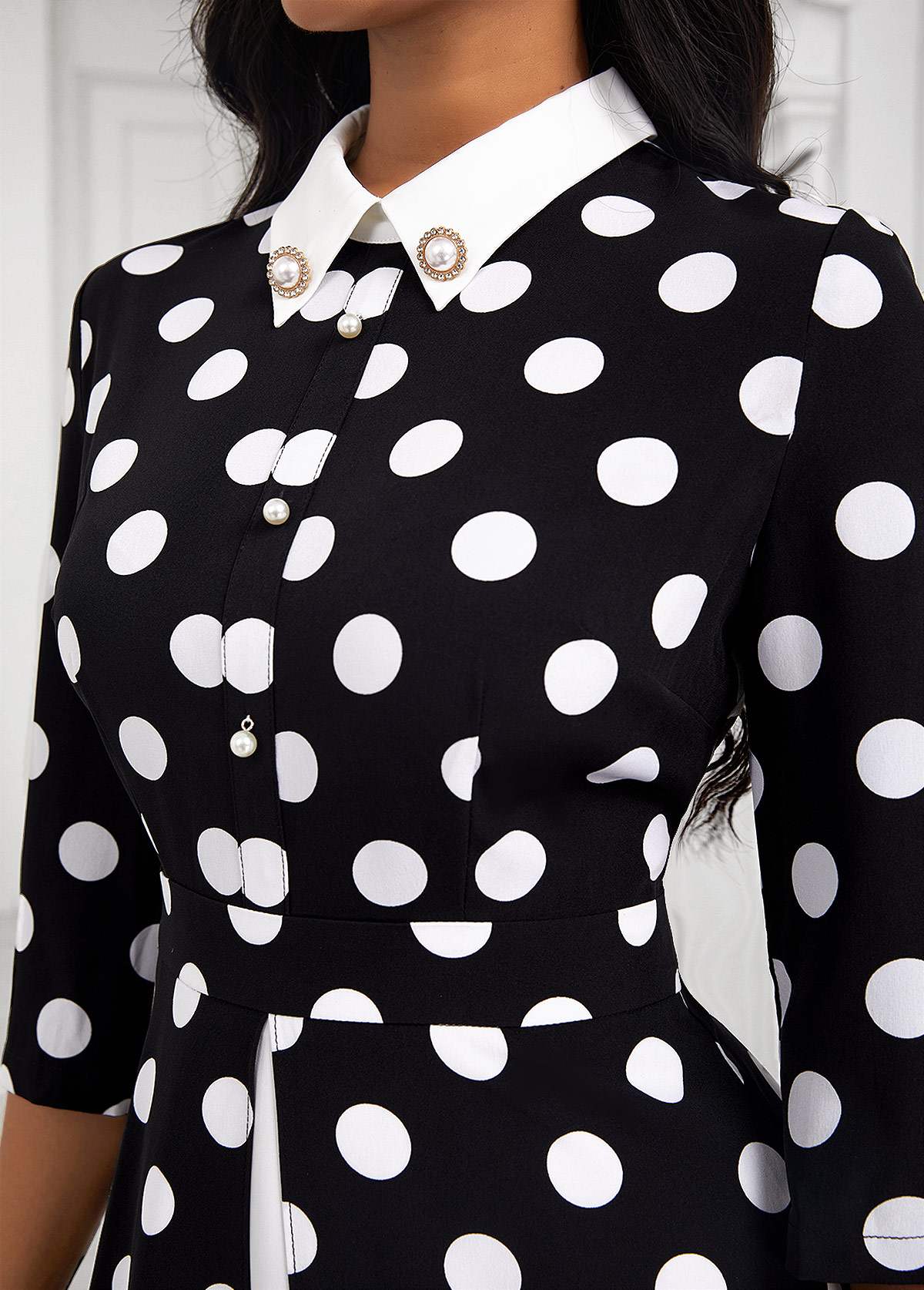 Polka Dot Fake 2in1 Black Polo Collar Dress