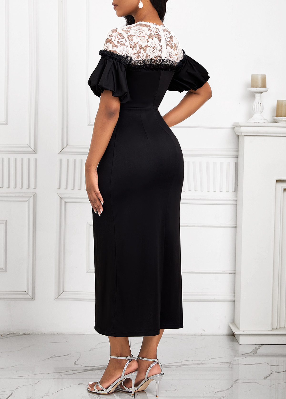 Lace Round Neck Short Sleeve Black Bodycon Dress