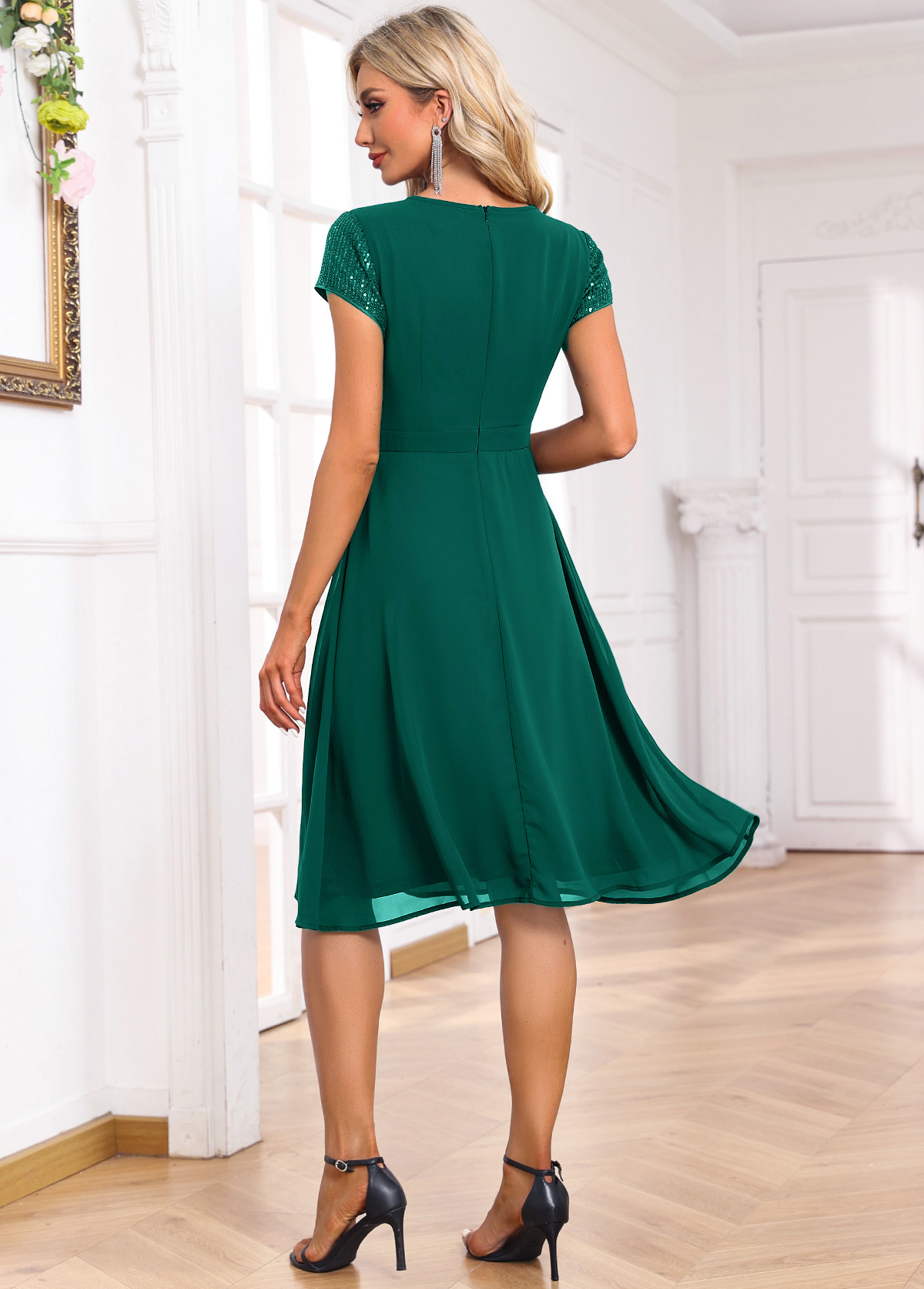 Sequin Round Neck Short Sleeve Blackish Green Dress