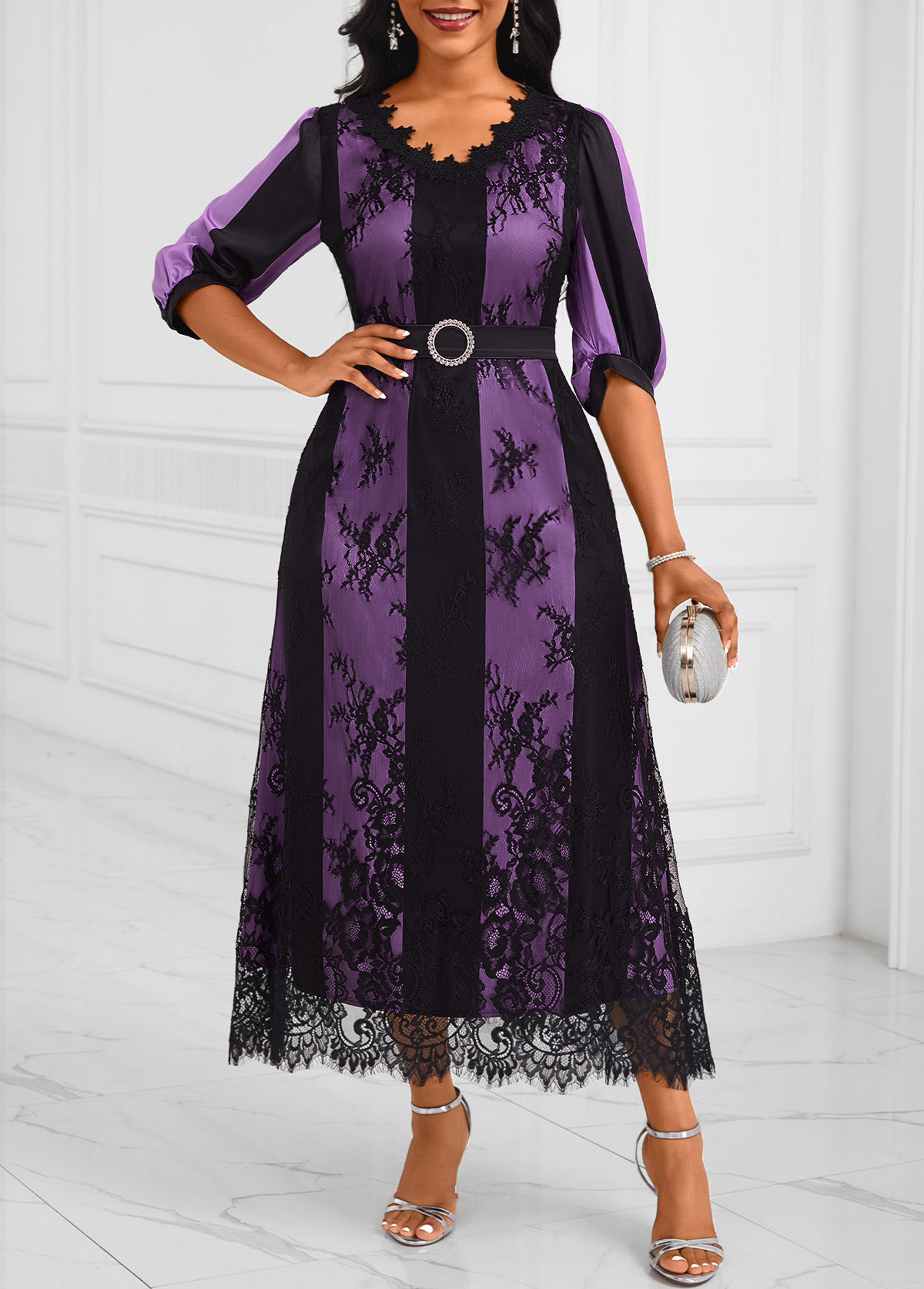 Lace Belted Purple V Neck Half Sleeve Dress