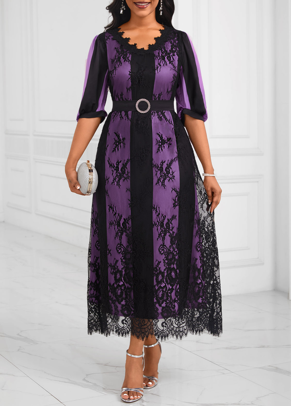 Lace Belted Purple V Neck Half Sleeve Dress