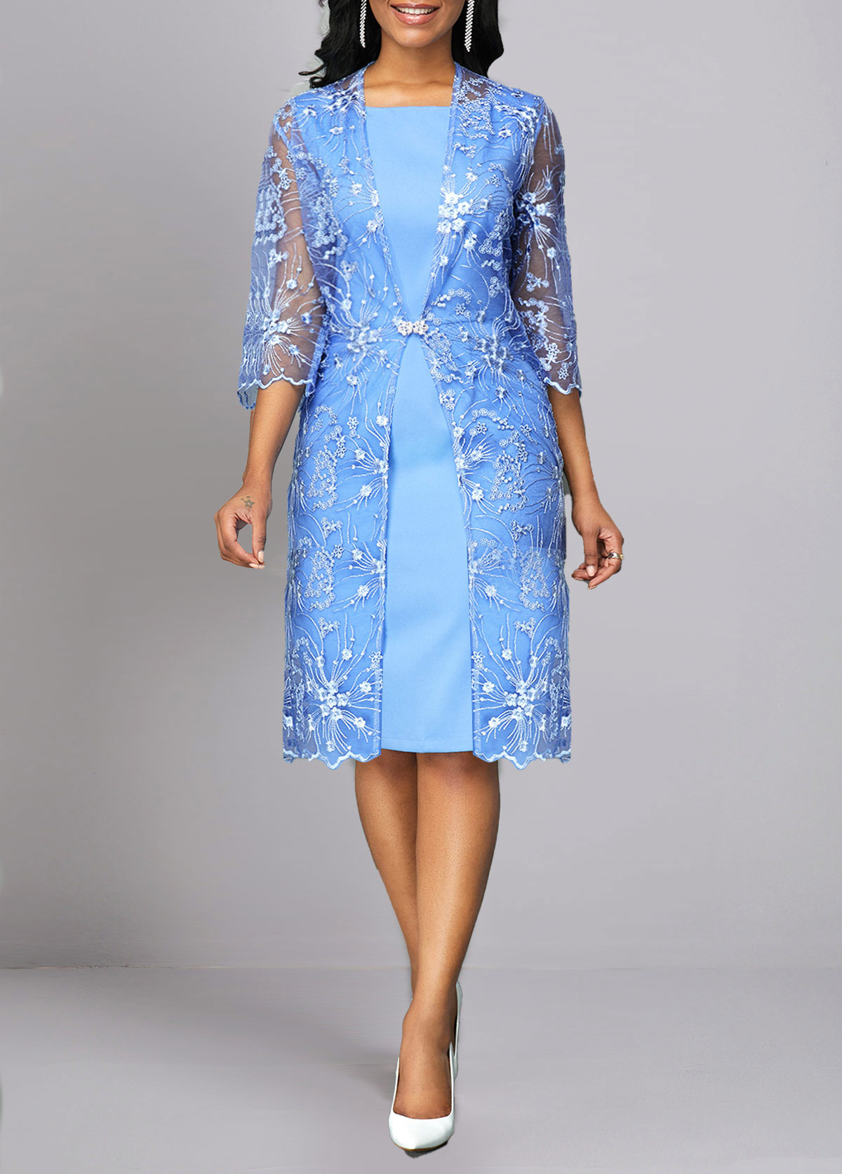 Two Piece Sky Blue Lace Cardigan and Dress