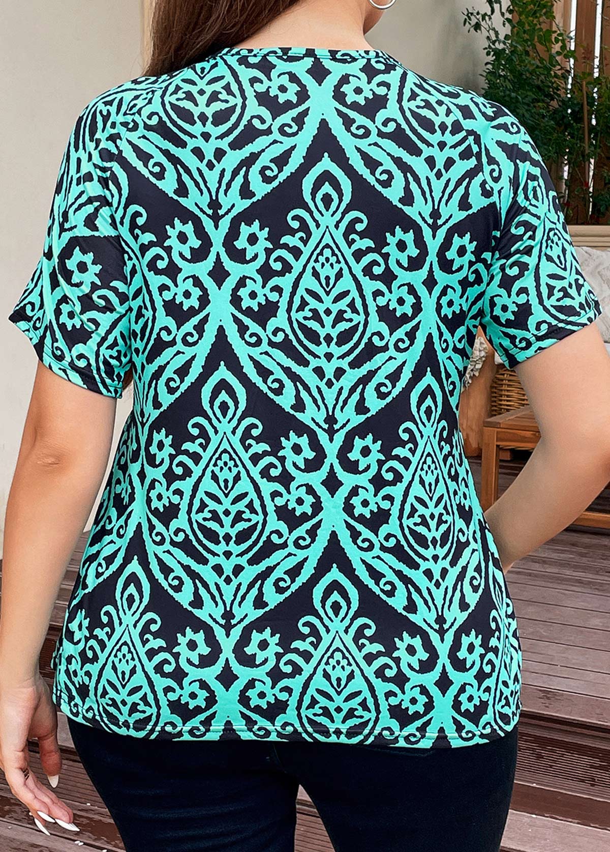 Turquoise Plus Size Surplice Tribal Print T Shirt