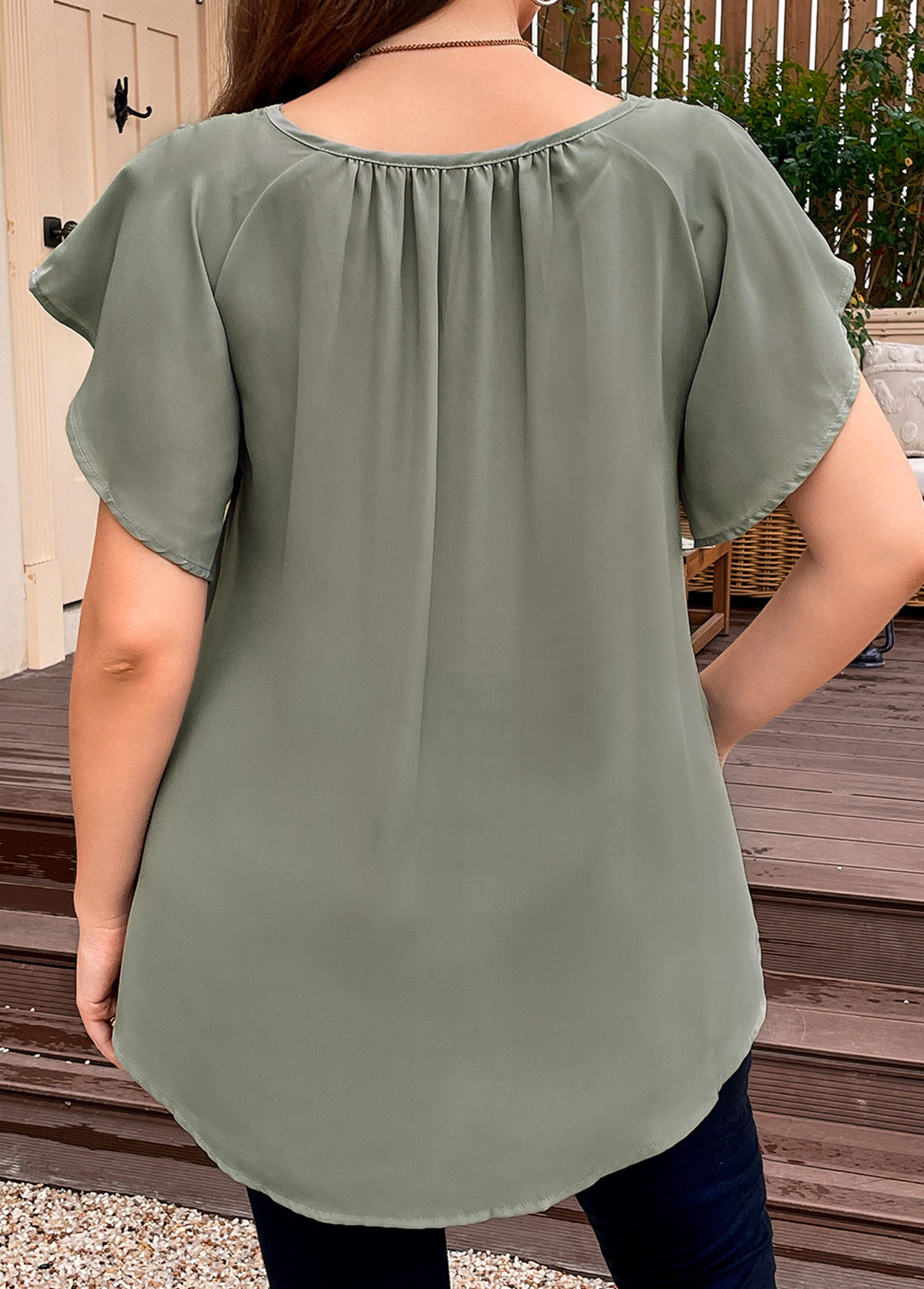 Sage Green Plus Size Patchwork Short Sleeve Blouse