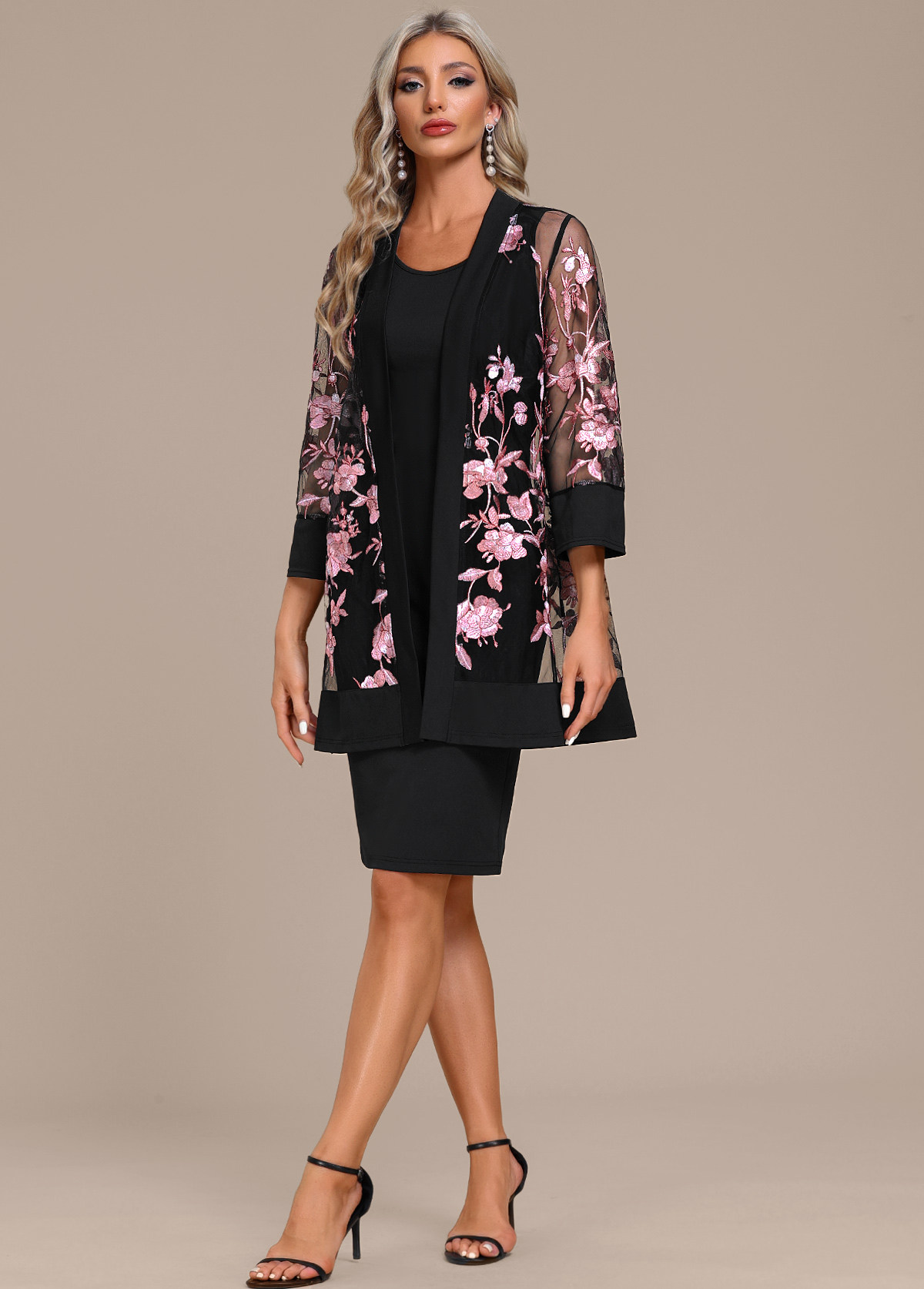 Two Piece Round Neck Black Shift Dress and Cardigan