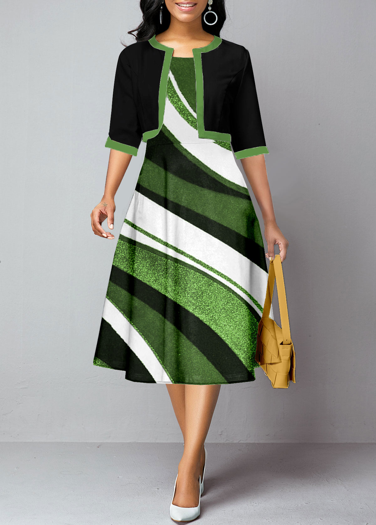 Round Neck Geometric Print Green Dress and Cardigan
