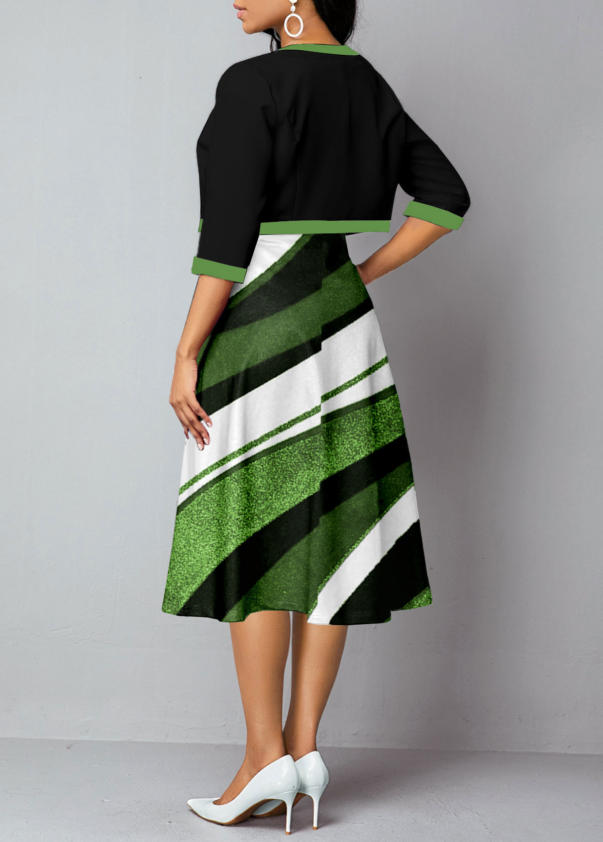 Round Neck Geometric Print Green Dress and Cardigan