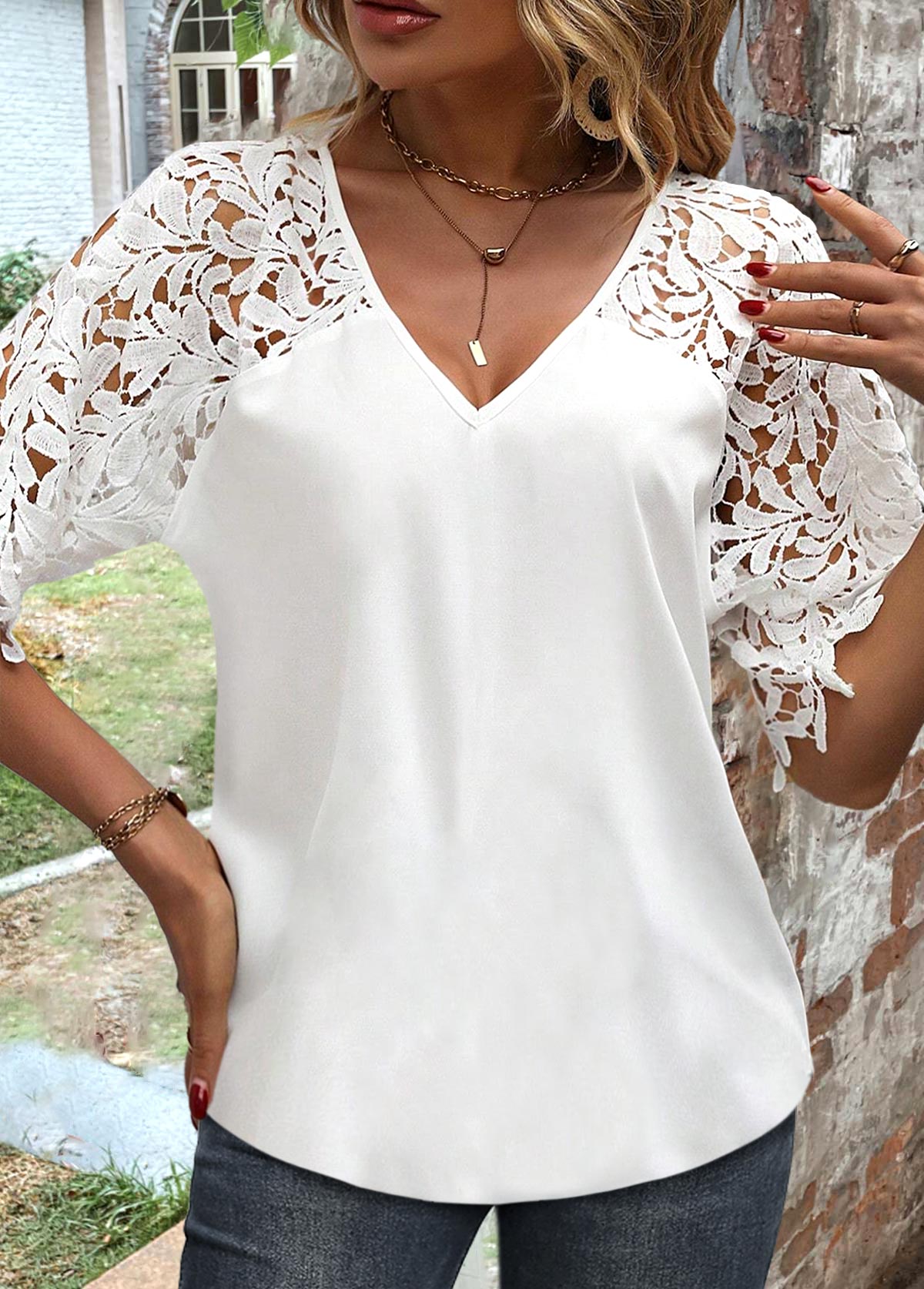 Lace V Neck Half Sleeve White Blouse | Rosewe.com - USD $31.98