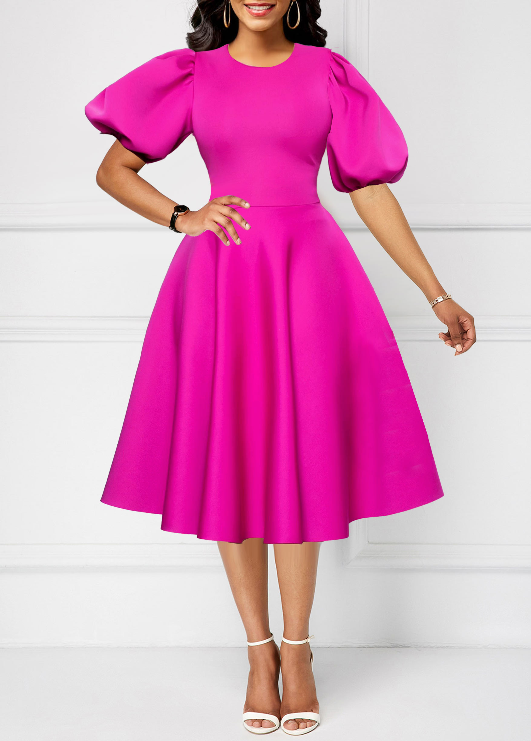 Umbrella Hem Round Neck Hot Pink Dress USD 37.98