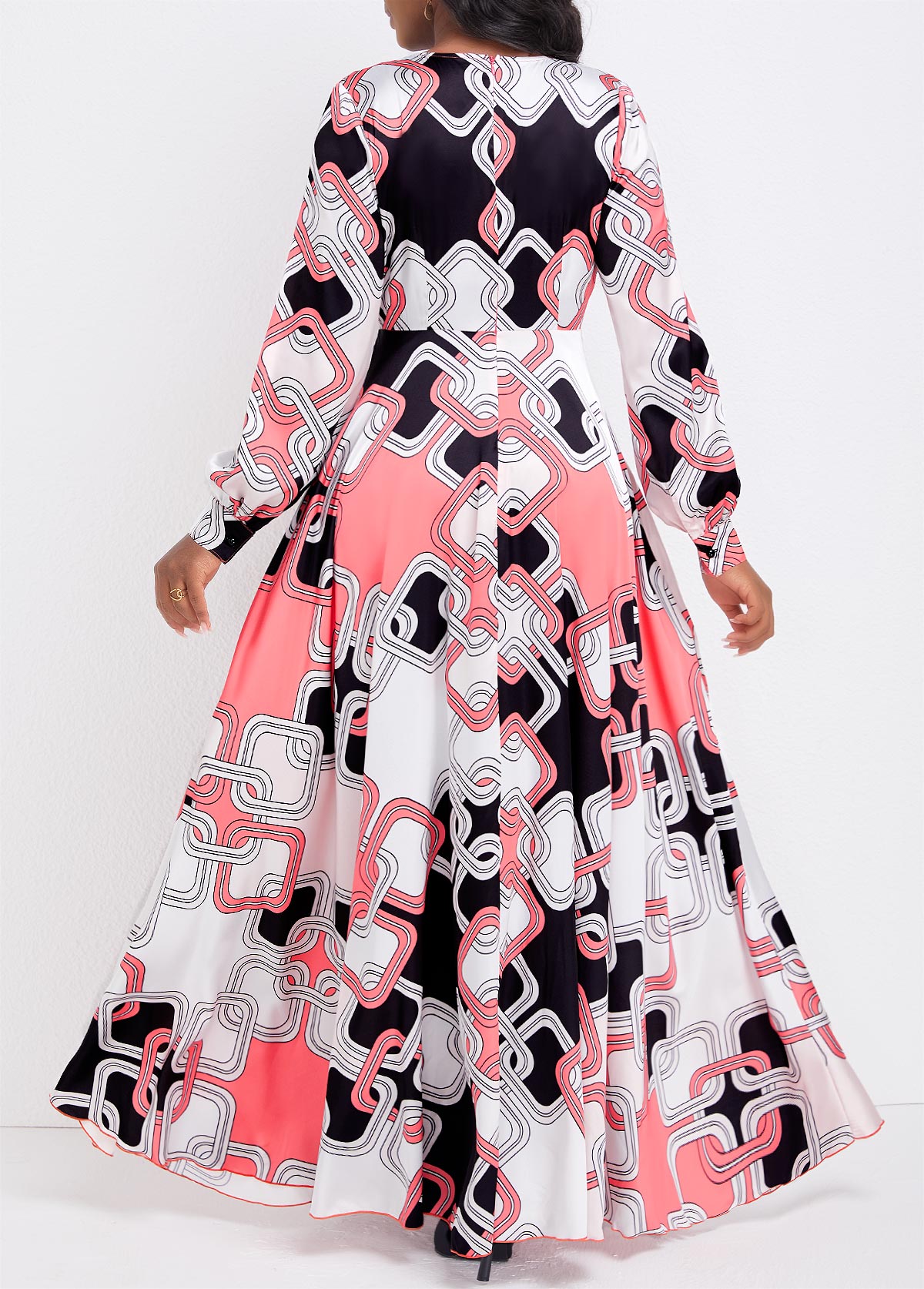 Geometric Print Umbrella Hem Pink Maxi Dress