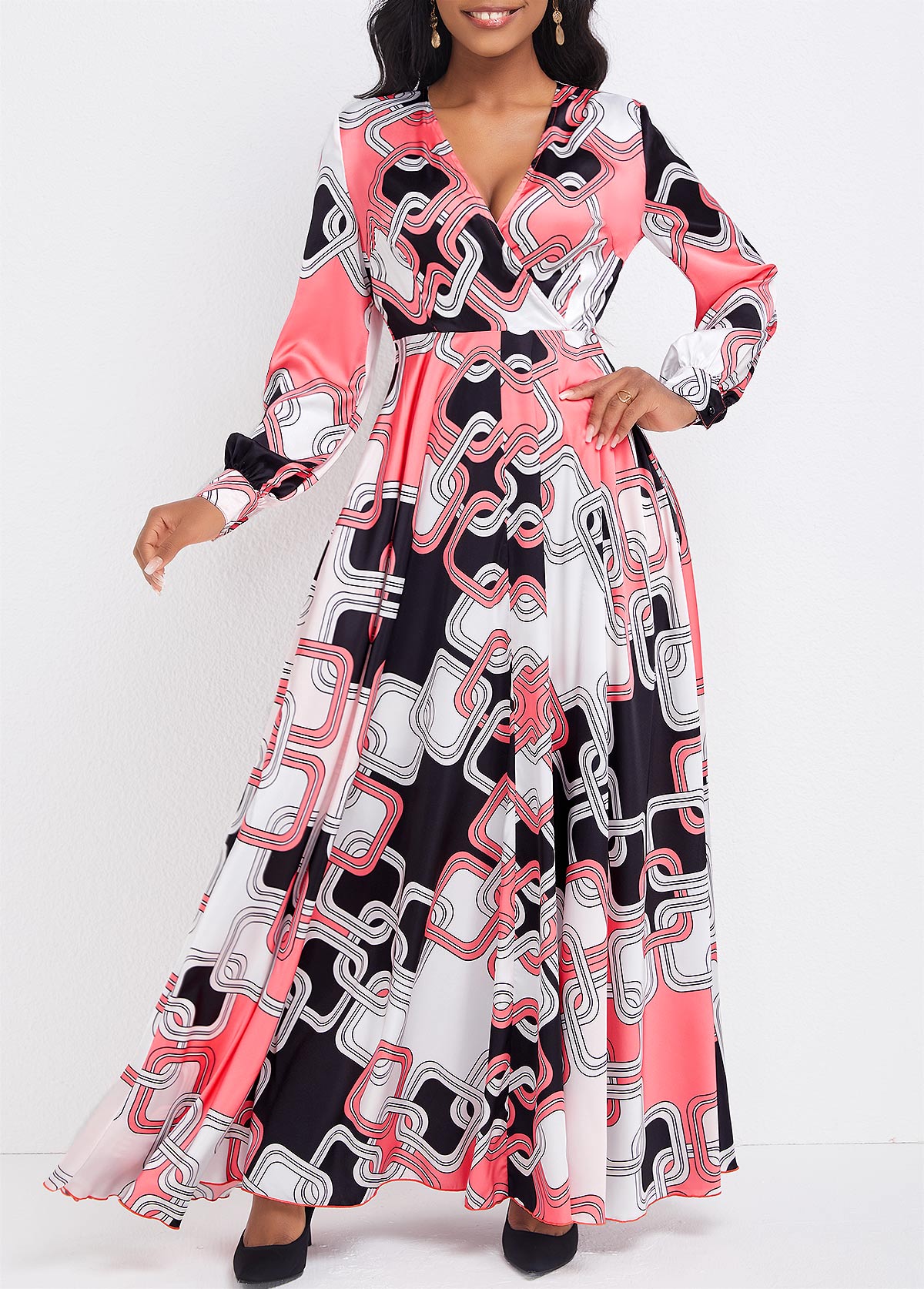 Geometric Print Umbrella Hem Pink Maxi Dress