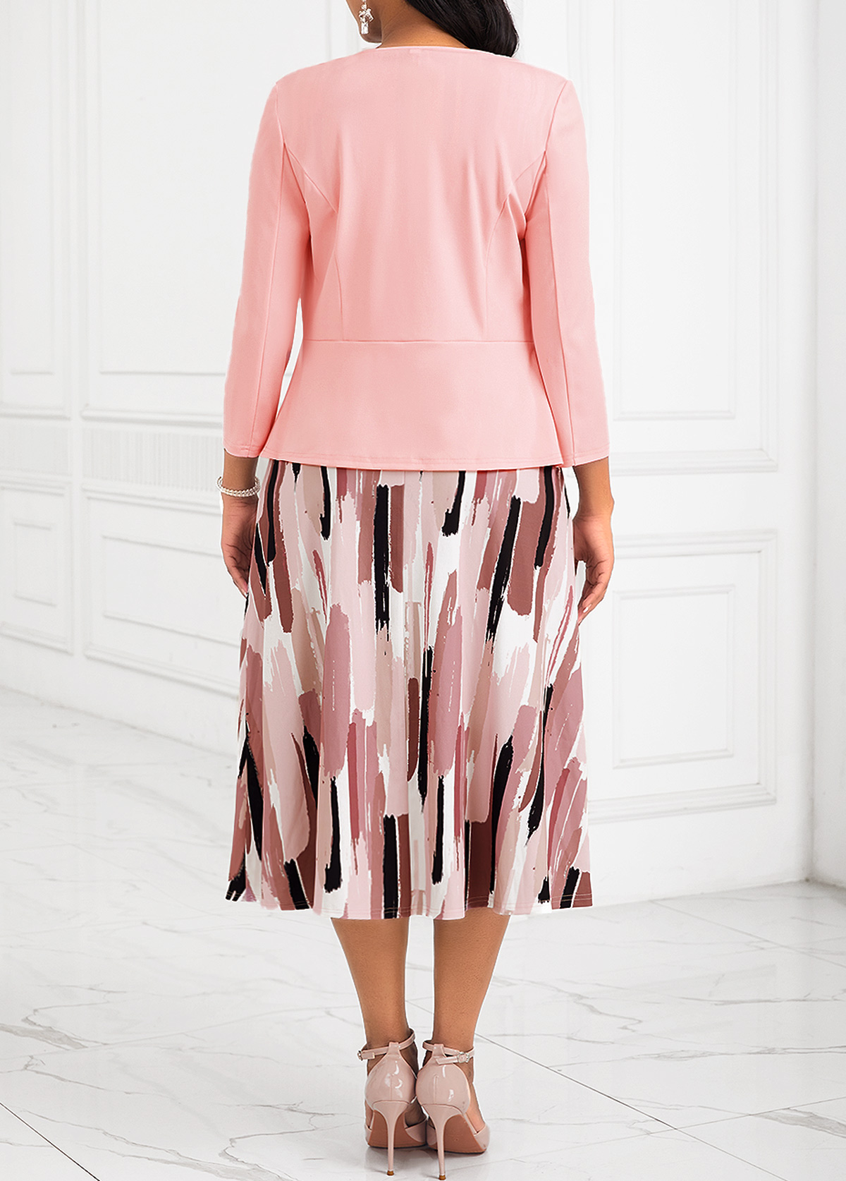 Two Piece Belted Pink Round Neck Dress and Cardigan