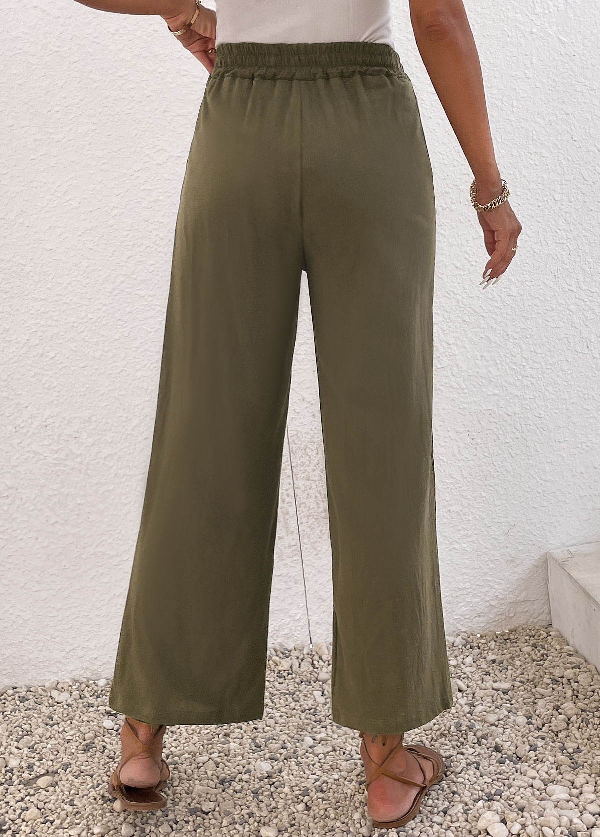 Pocket Elastic Waist High Waisted Olive Green Pants