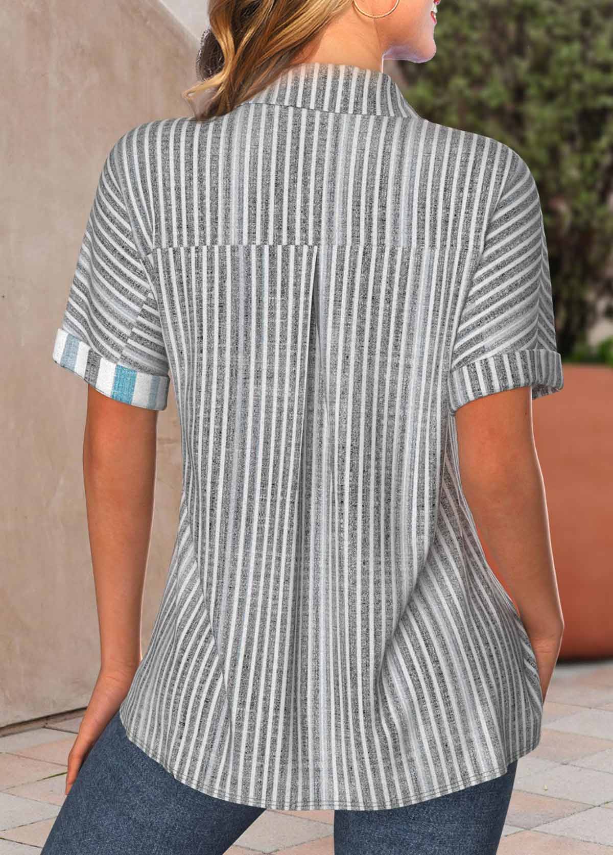 Striped Button Light Grey Shirt Collar Blouse