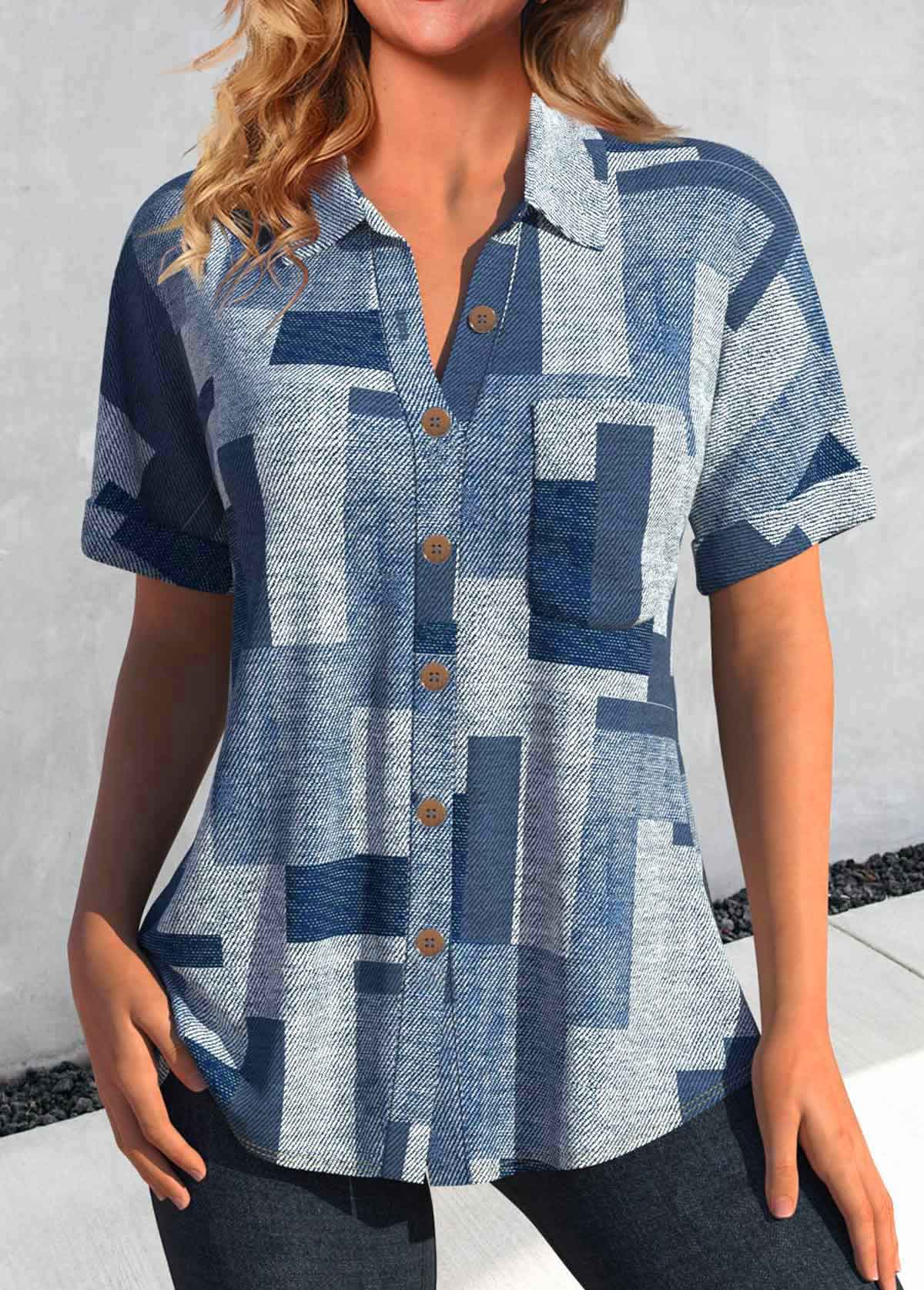 Geometric Print Button Denim Blue Shirt Collar Blouse
