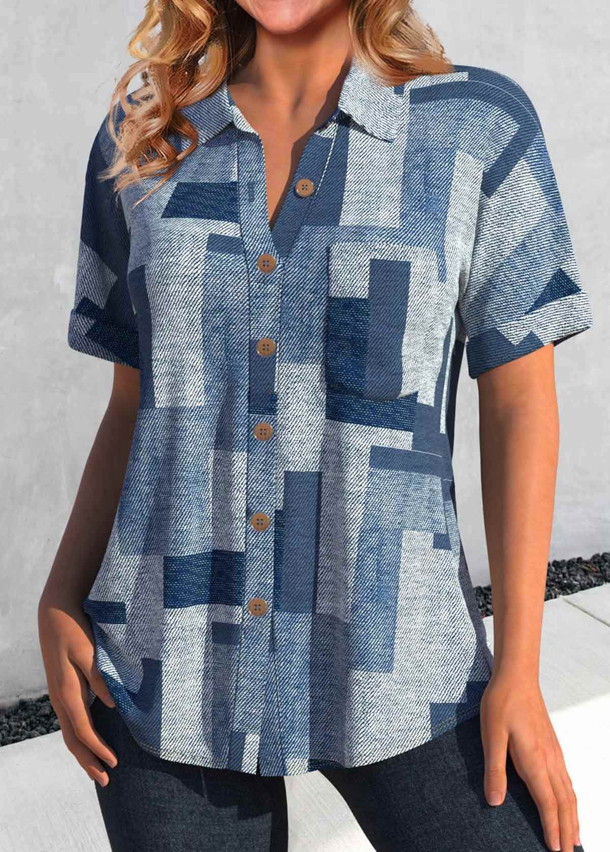 Geometric Print Button Denim Blue Shirt Collar Blouse