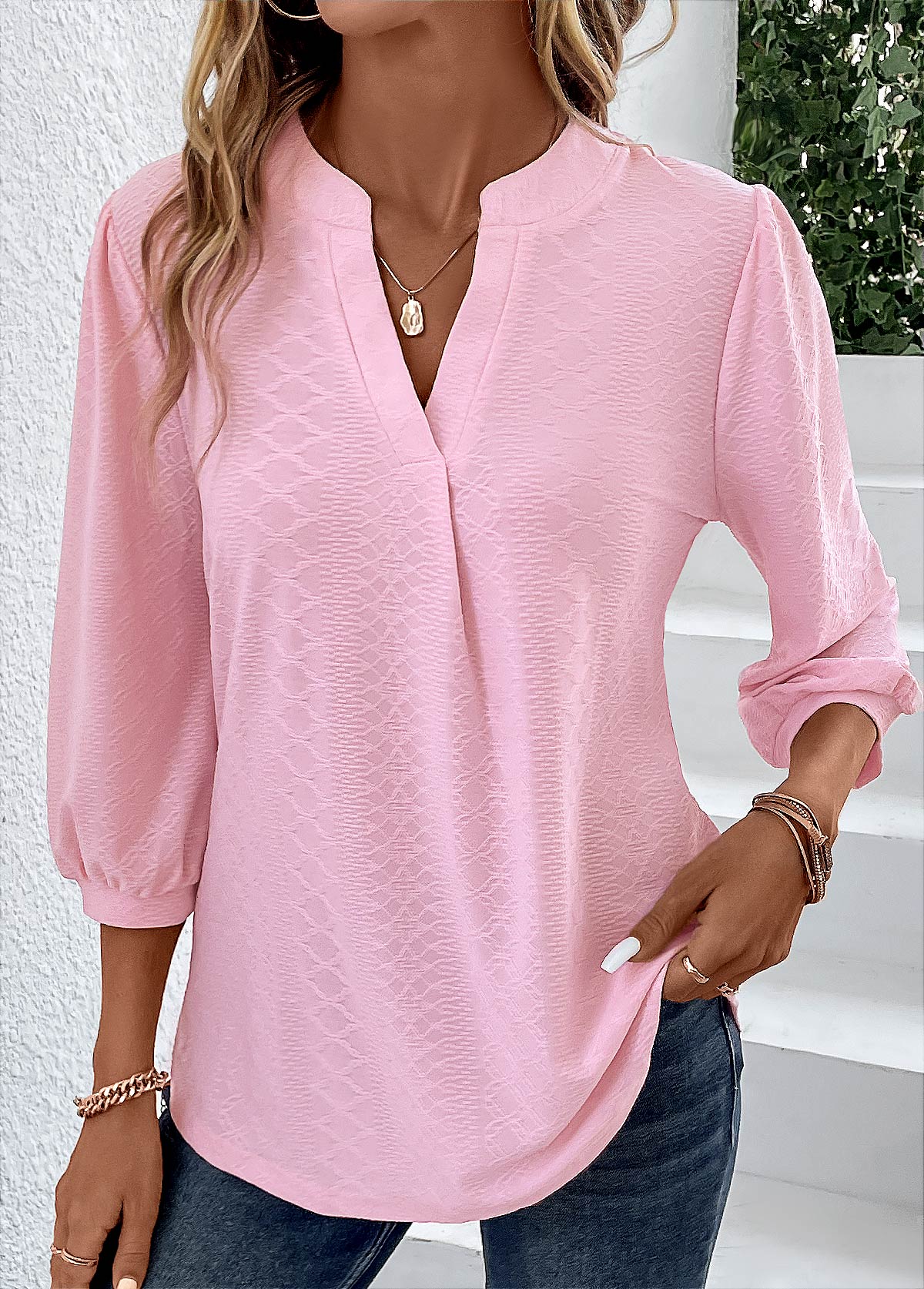 Pink Ruched Split Neck T Shirt