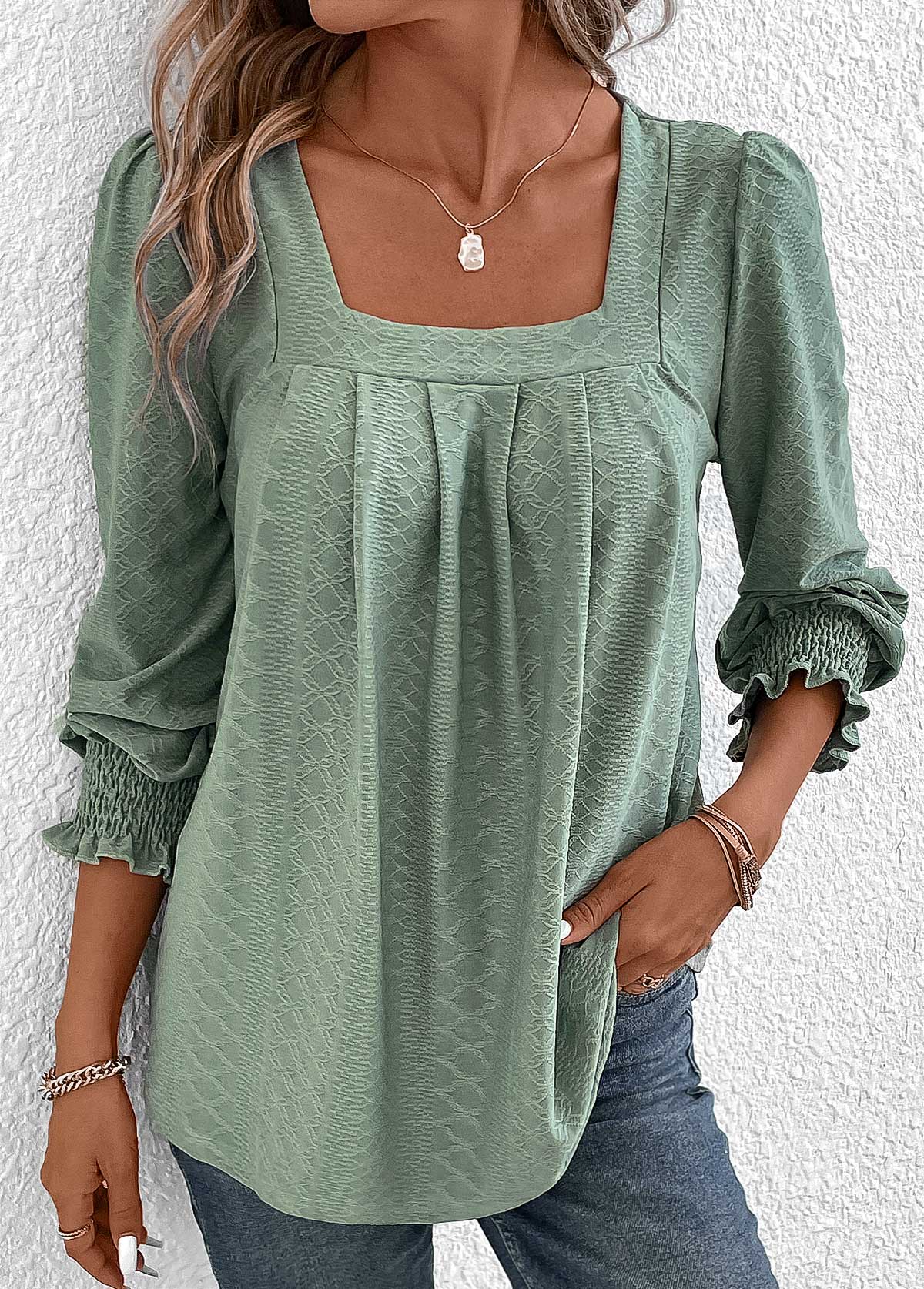 Green Square Neck Long Sleeve Smocked T Shirt