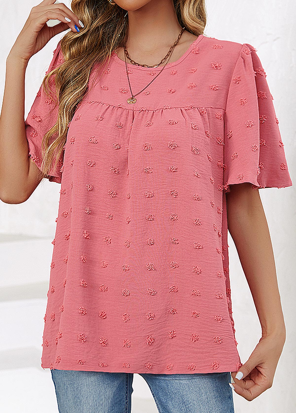 Ruched Round Neck Short Sleeve Pink T Shirt
