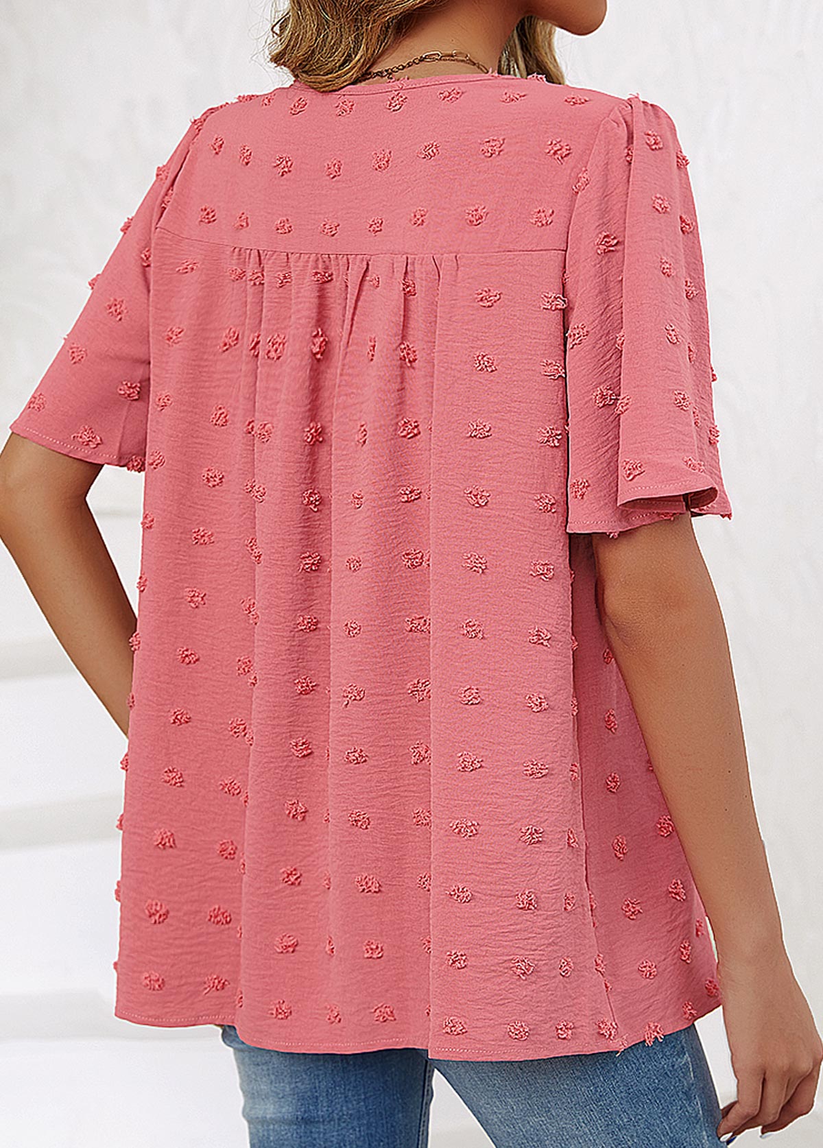 Ruched Round Neck Short Sleeve Pink T Shirt