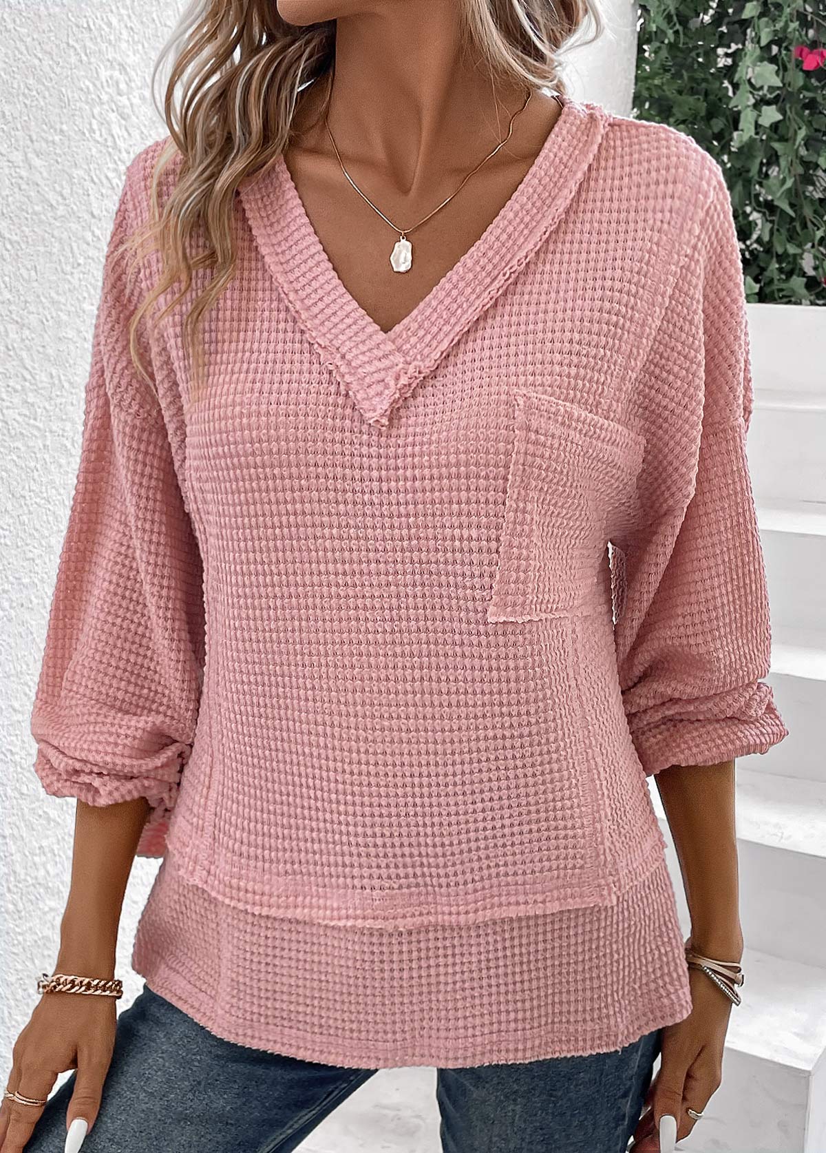 Patchwork V Neck Long Sleeve Pink T Shirt