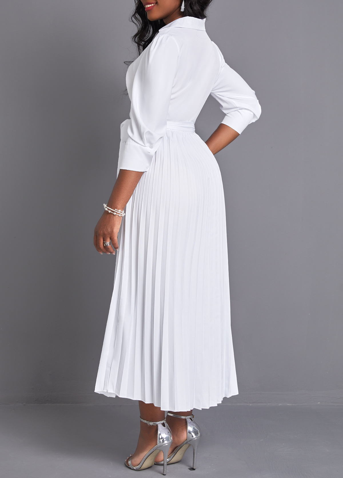 Pleated Belted White V Neck Maxi Dress