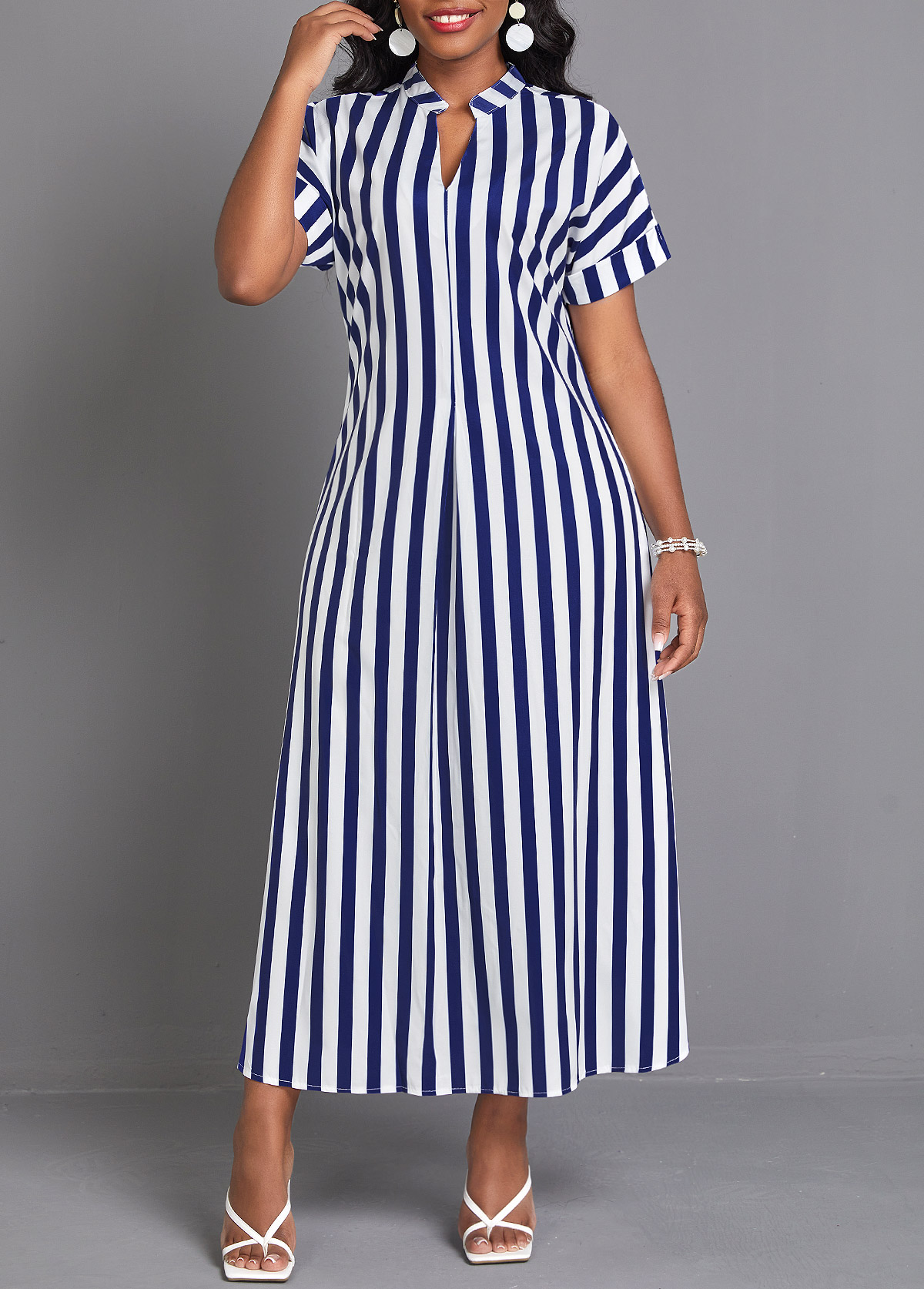 Striped Split Navy Maxi Shift Dress | Rosewe.com - USD $34.98