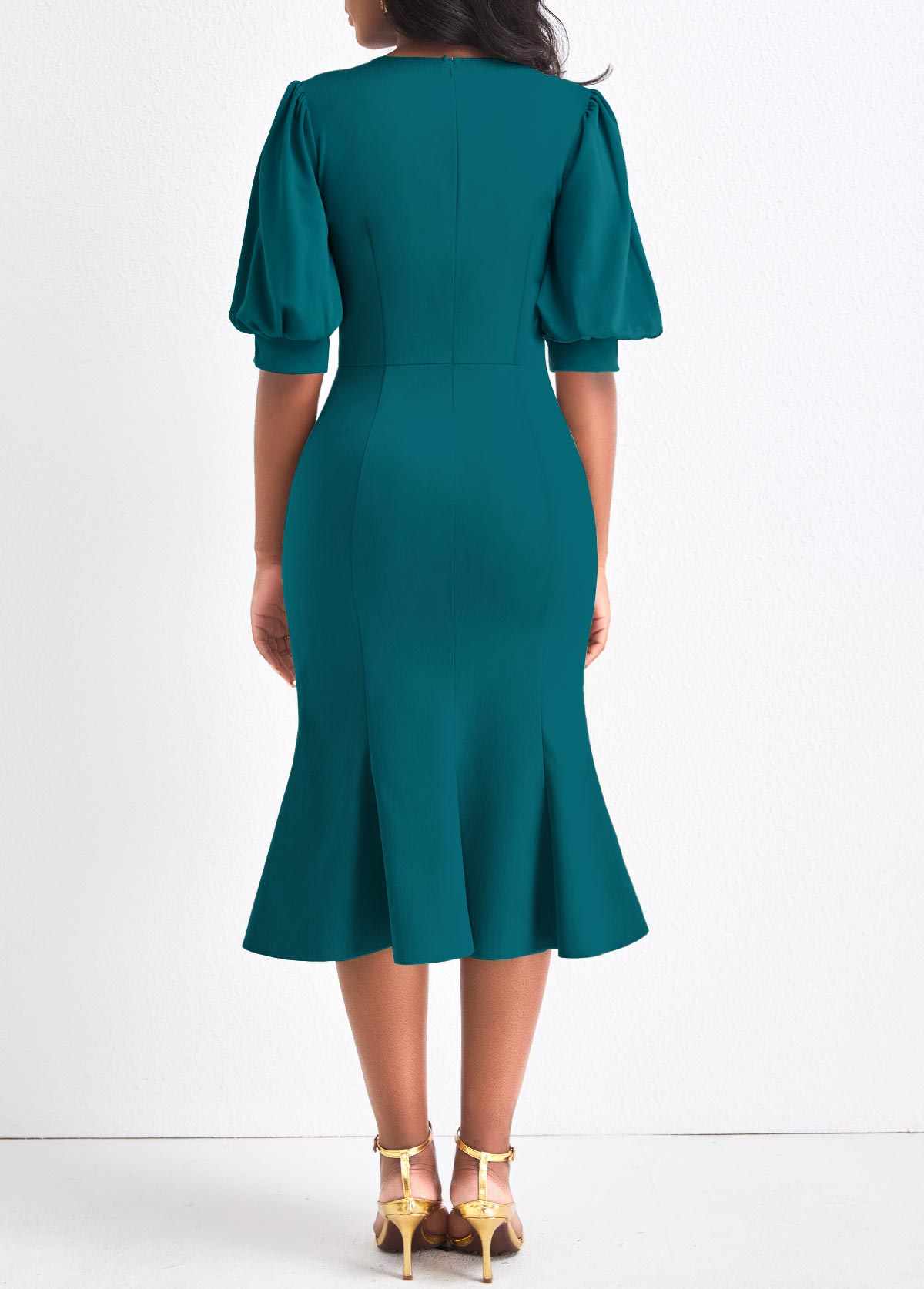 Button Round Neck Peacock Blue Bodycon Dress | Rosewe.com - USD $32.98