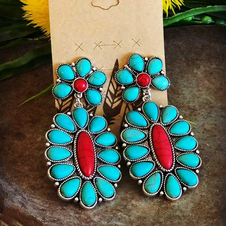 Turquoise Tribal Design Teardrop Alloy Earrings