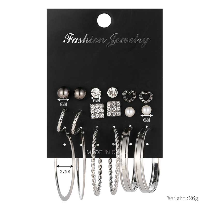 Silver Metal Rhinestone Detail Round Earrings Set