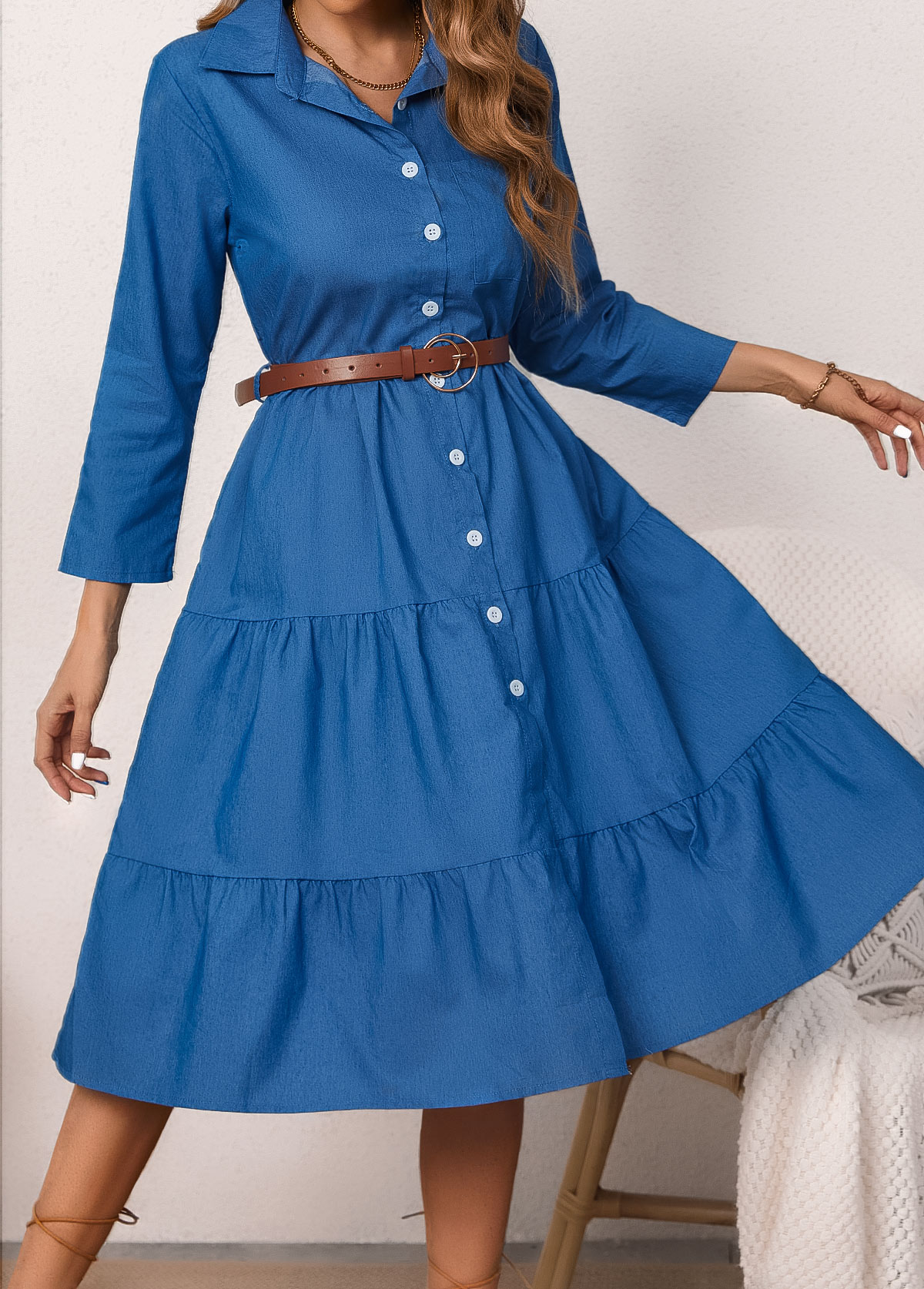 Button Belted Denim Blue Shirt Collar Dress