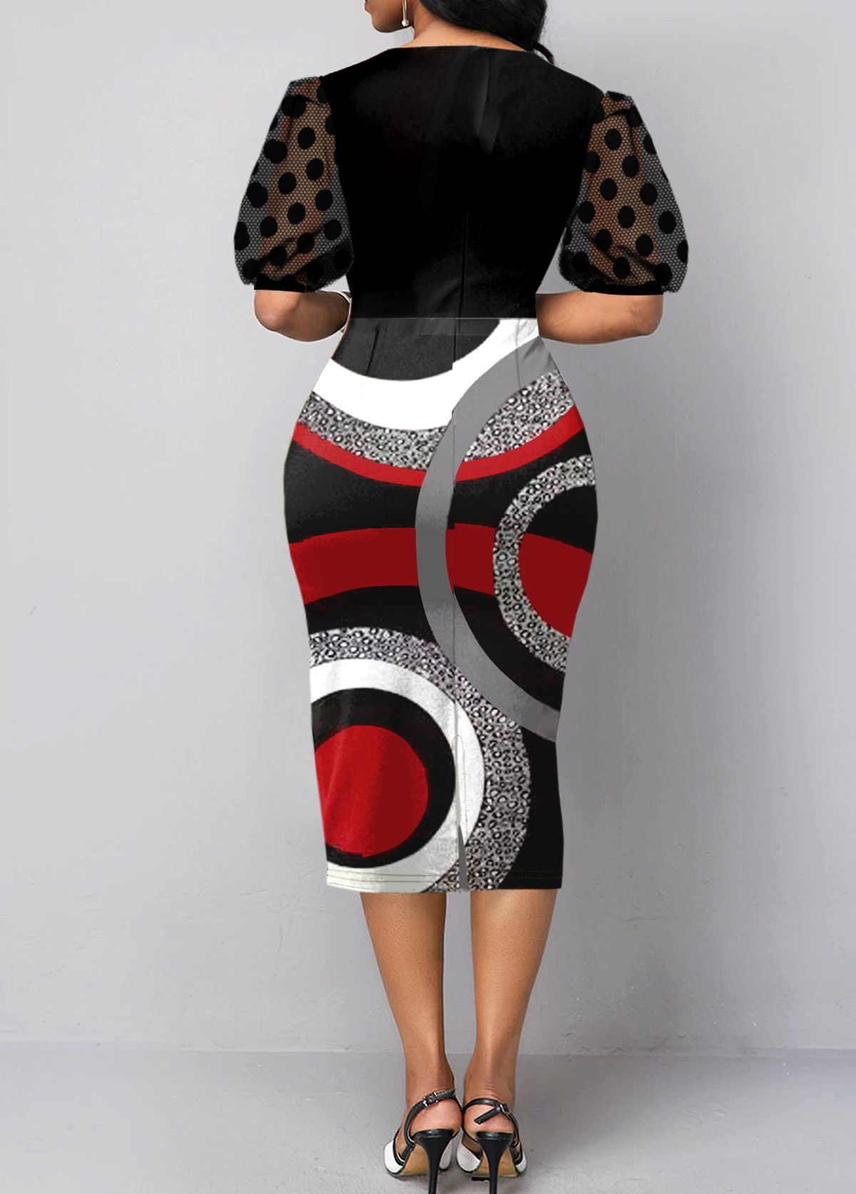 Geometric Print Mesh Black Round Neck Bodycon Dress