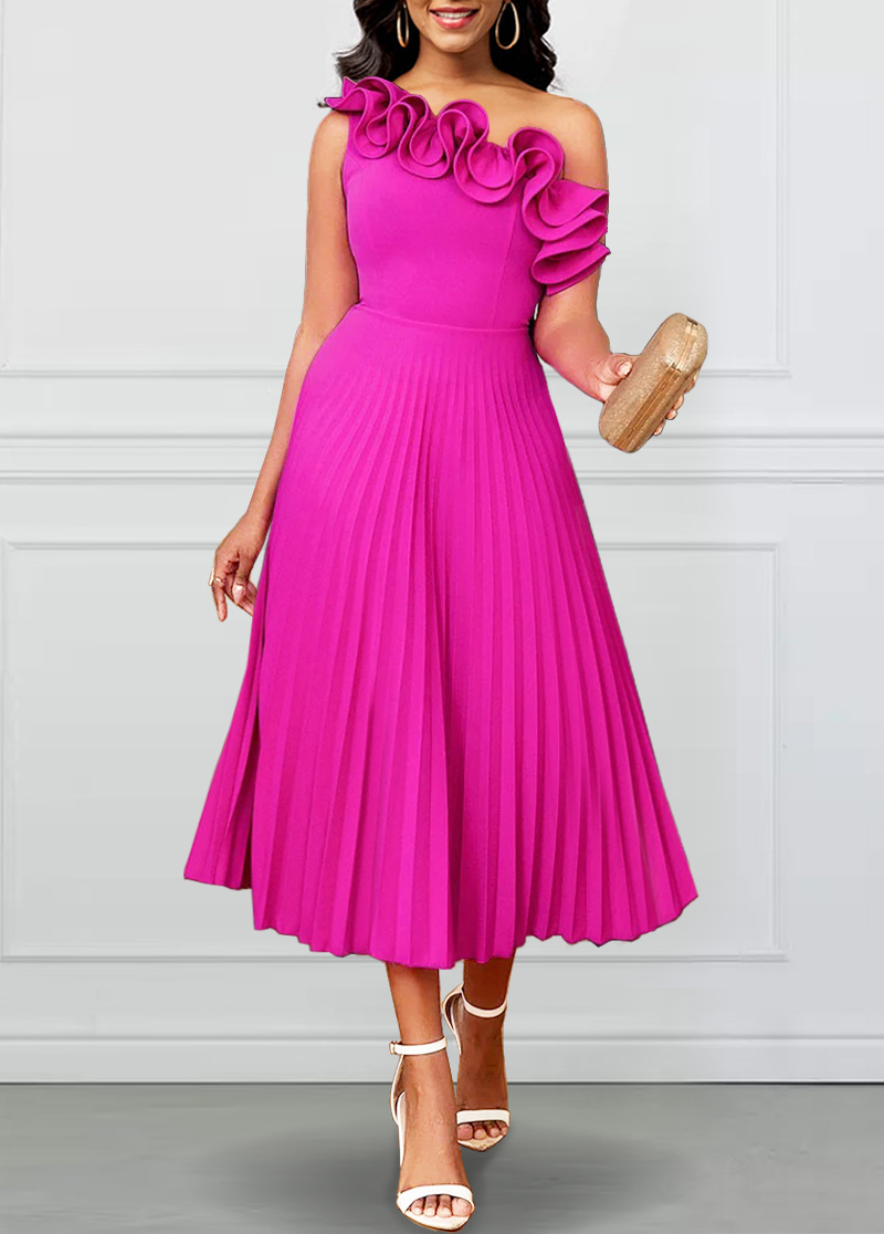 Sleeveless Pleated Hot Pink One Shoulder Dress