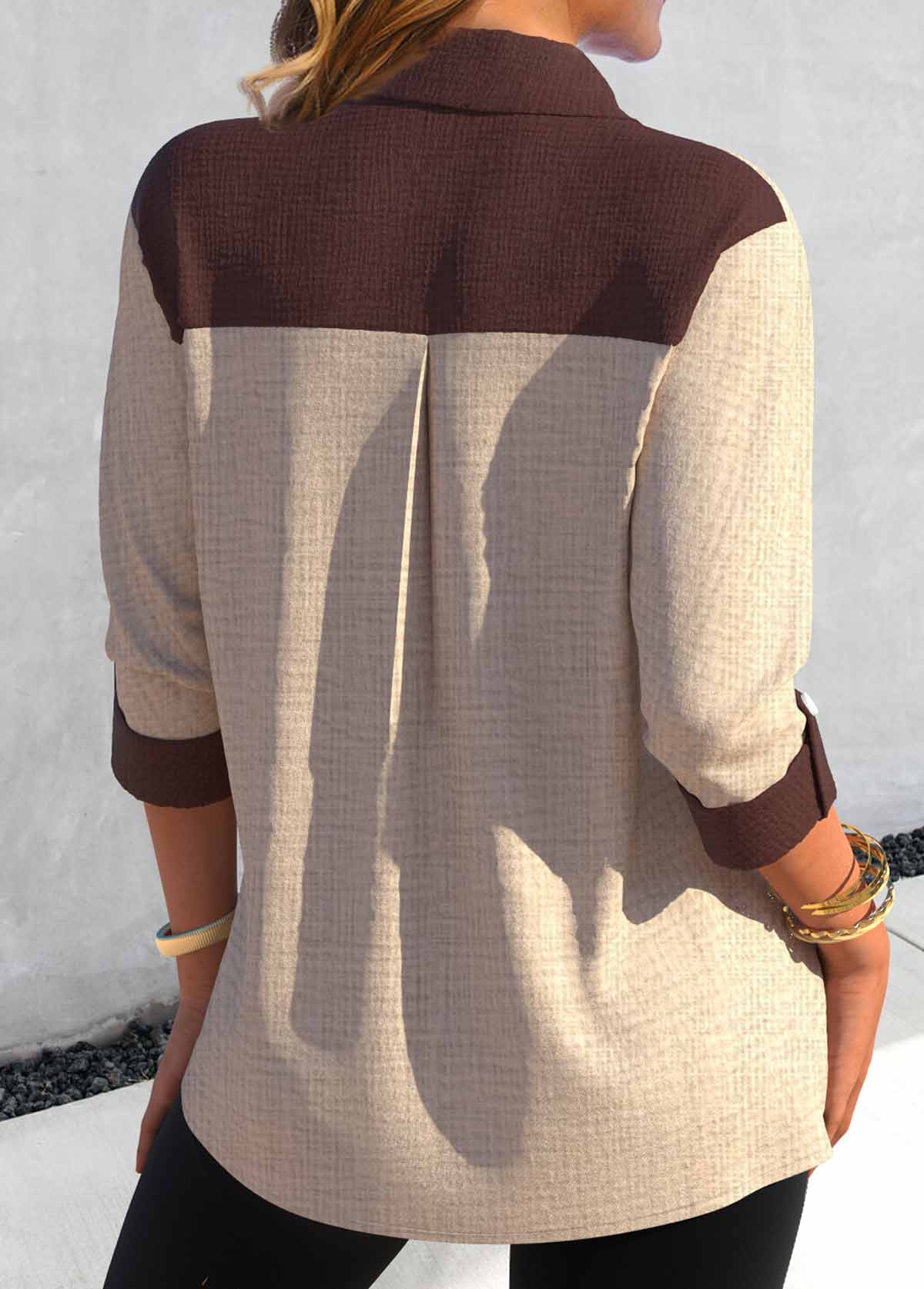 Light Camel Button Shirt Collar Pocket Blouse