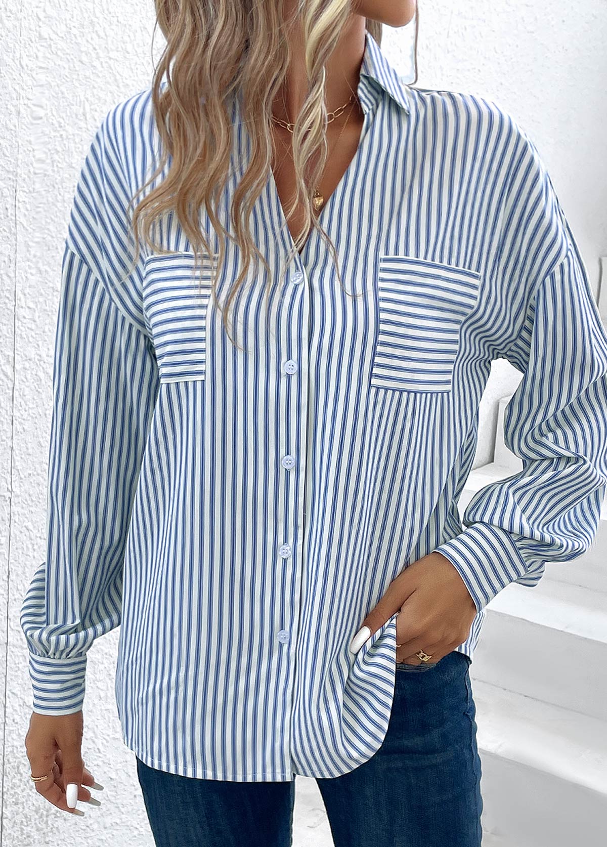 Striped Pocket Blue Shirt Collar Long Sleeve Blouse